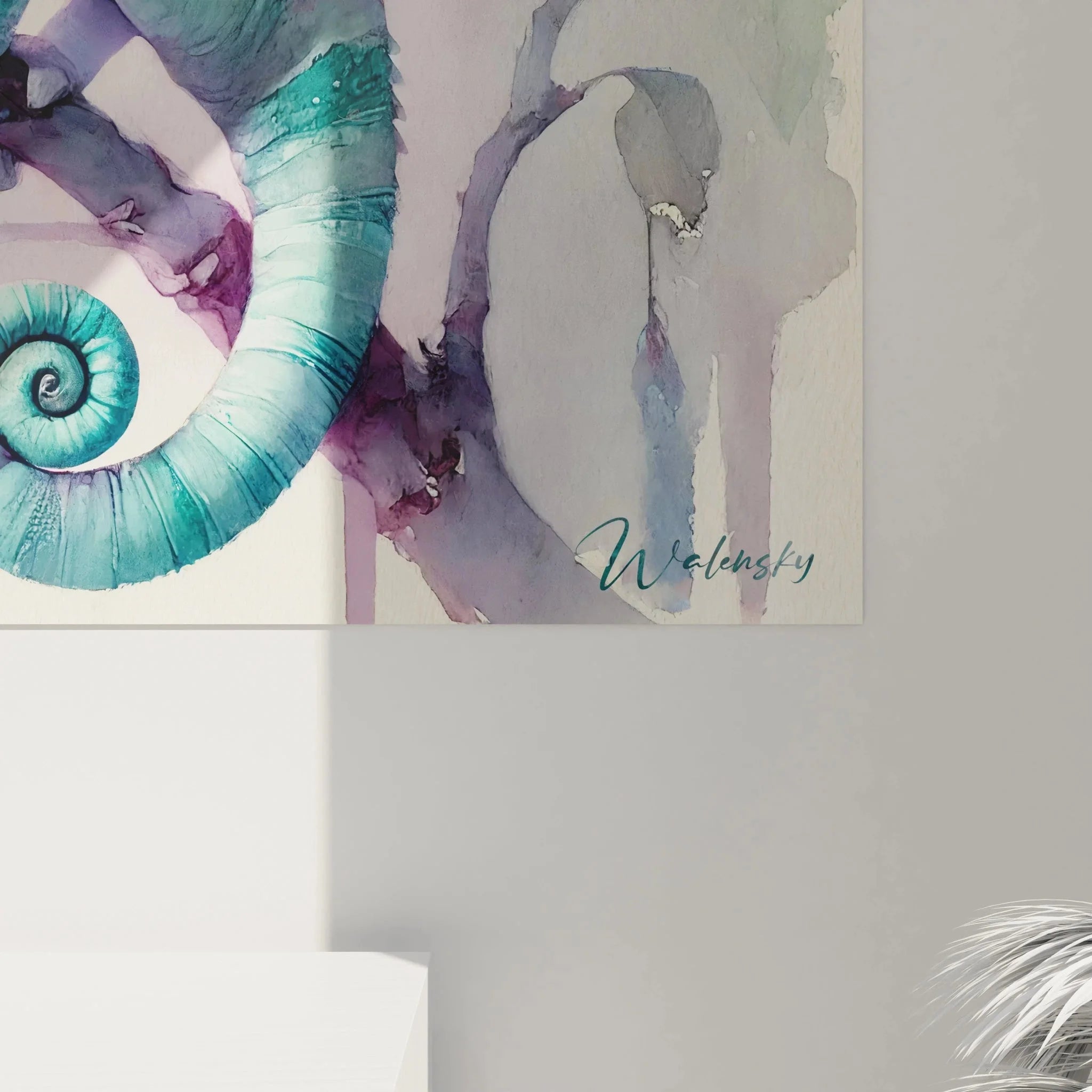 Gesamtansicht Wandbild Chamäleon Aquarell mit Blättern und natürlicher Waldatmosphäre