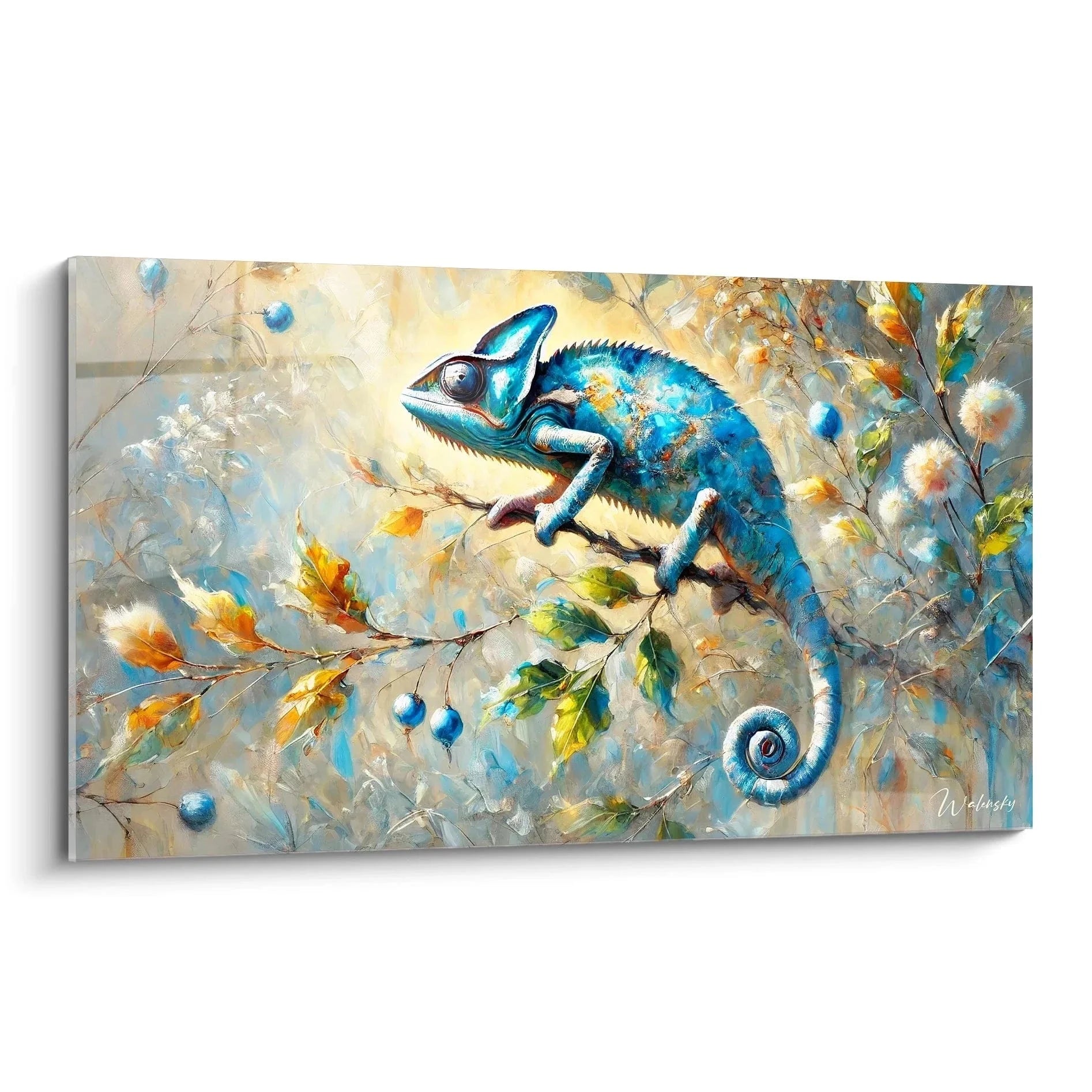 Wandbild Chamäleon blau auf Herbstast mit goldenen Blättern - moderne Tierkunst Leinwandbild