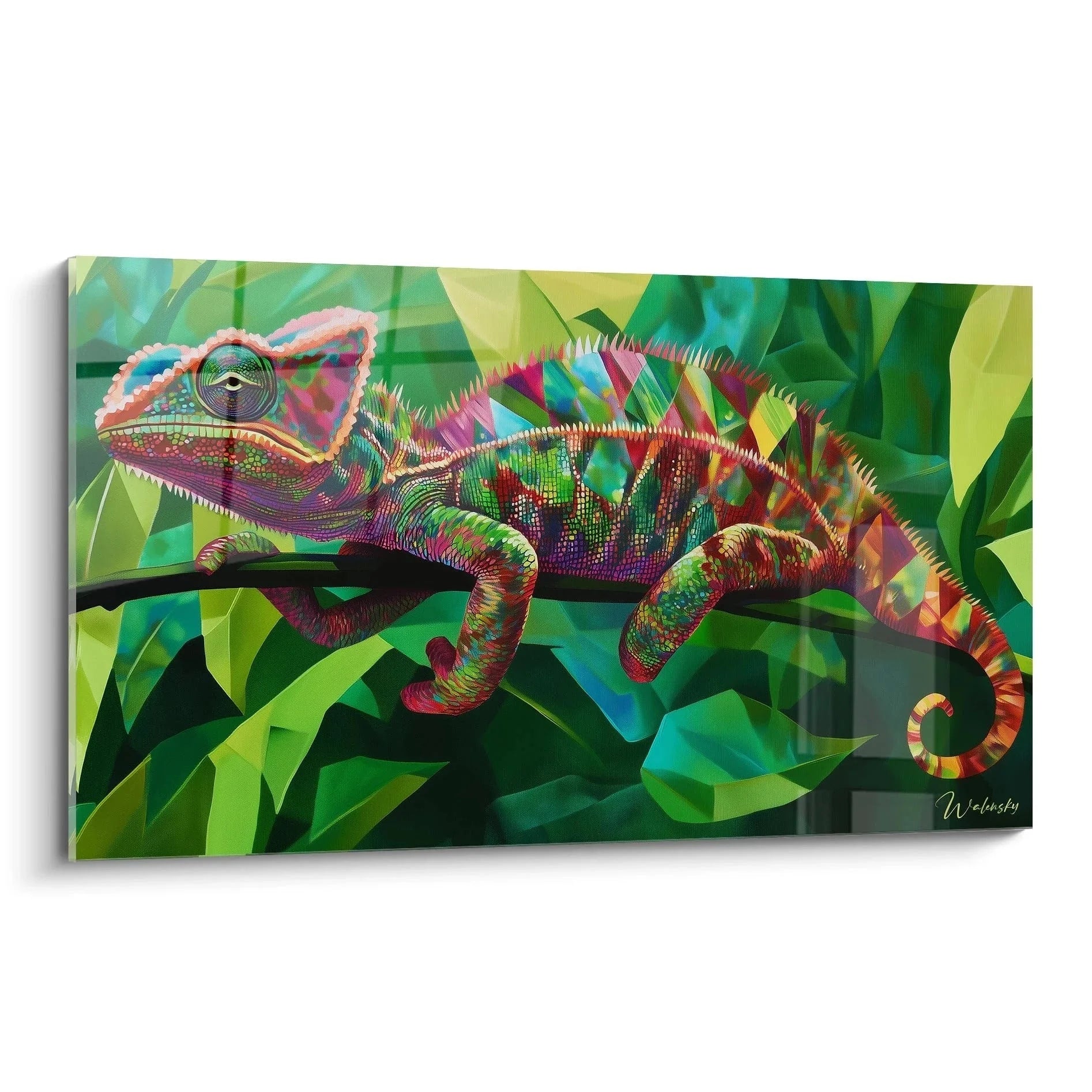 Buntes Wandbild Chamäleon auf Ast mit leuchtenden Regenbogenfarben im tropischen Dschungel