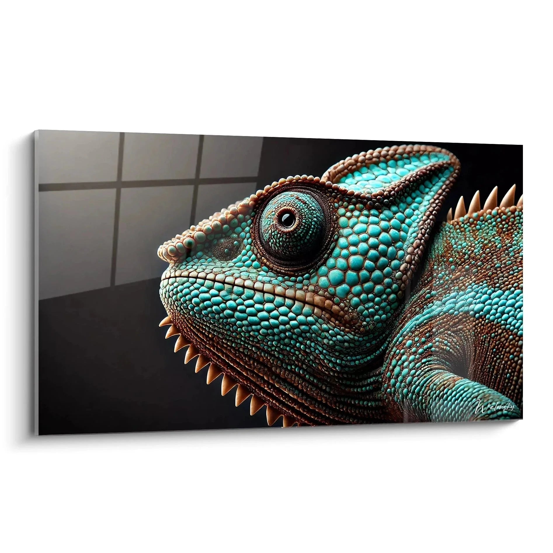 Wandbild Chamäleon Kopf in türkisen Farben mit detailreichen Schuppen und markanten Stacheln