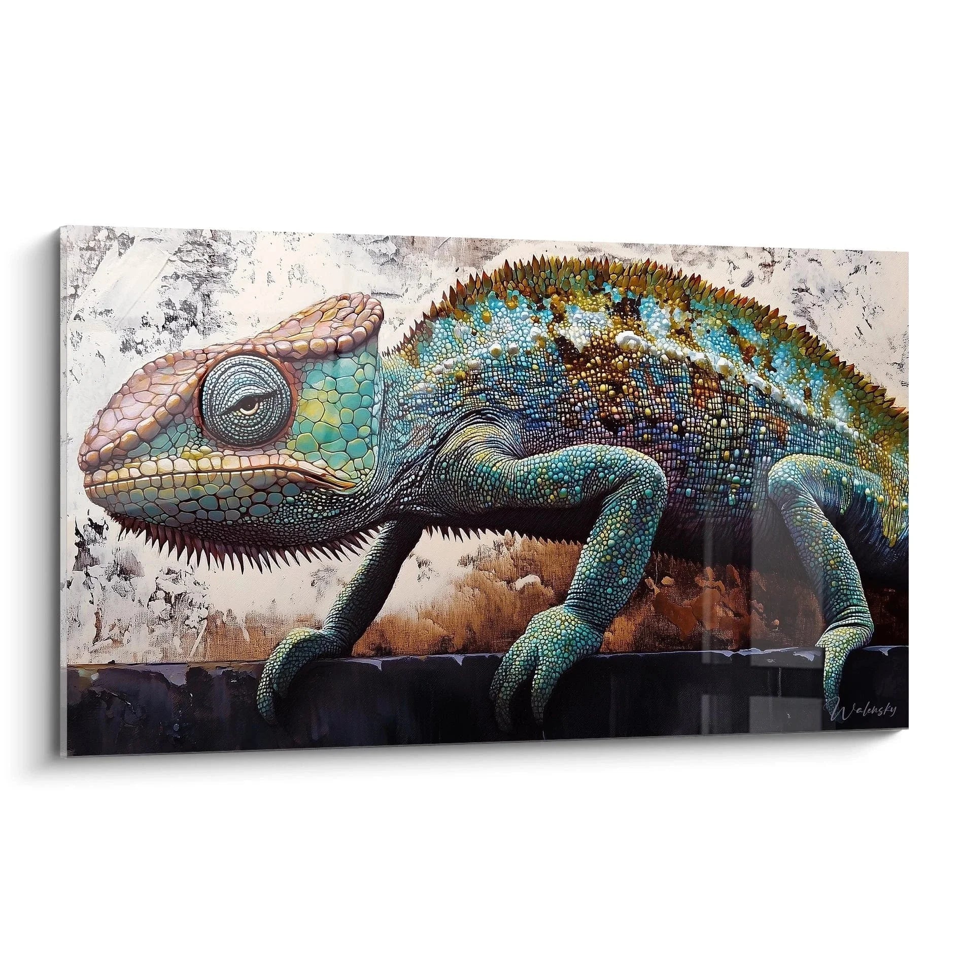 Wandbild Chamäleon mit bunten Schuppen in Blau Türkis Gold auf texturiertem Hintergrund Edition Chamäleon