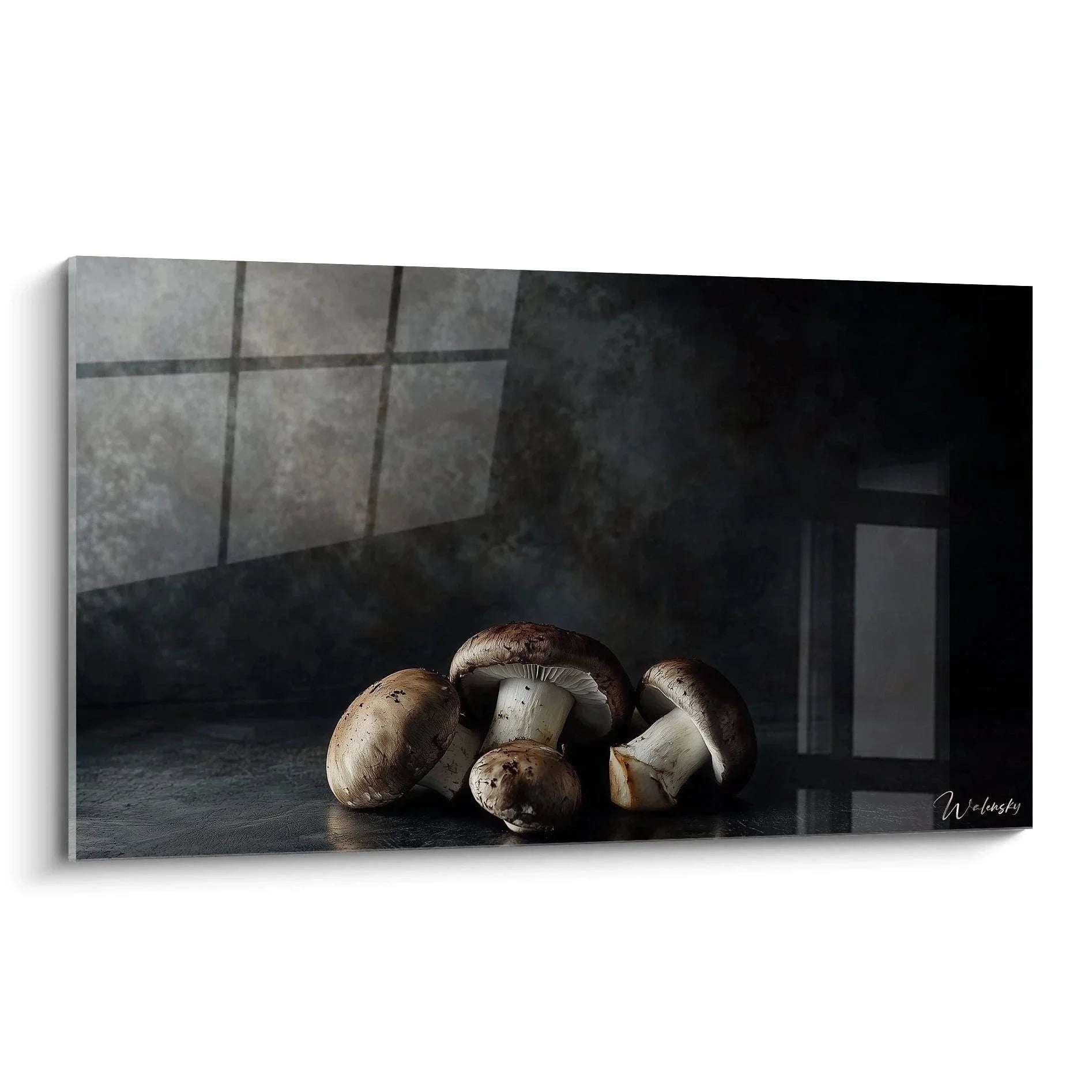 Wandbild Champignons Küche - elegante Pilze Fotografie als XXL Küchenbild mit Granithintergrund