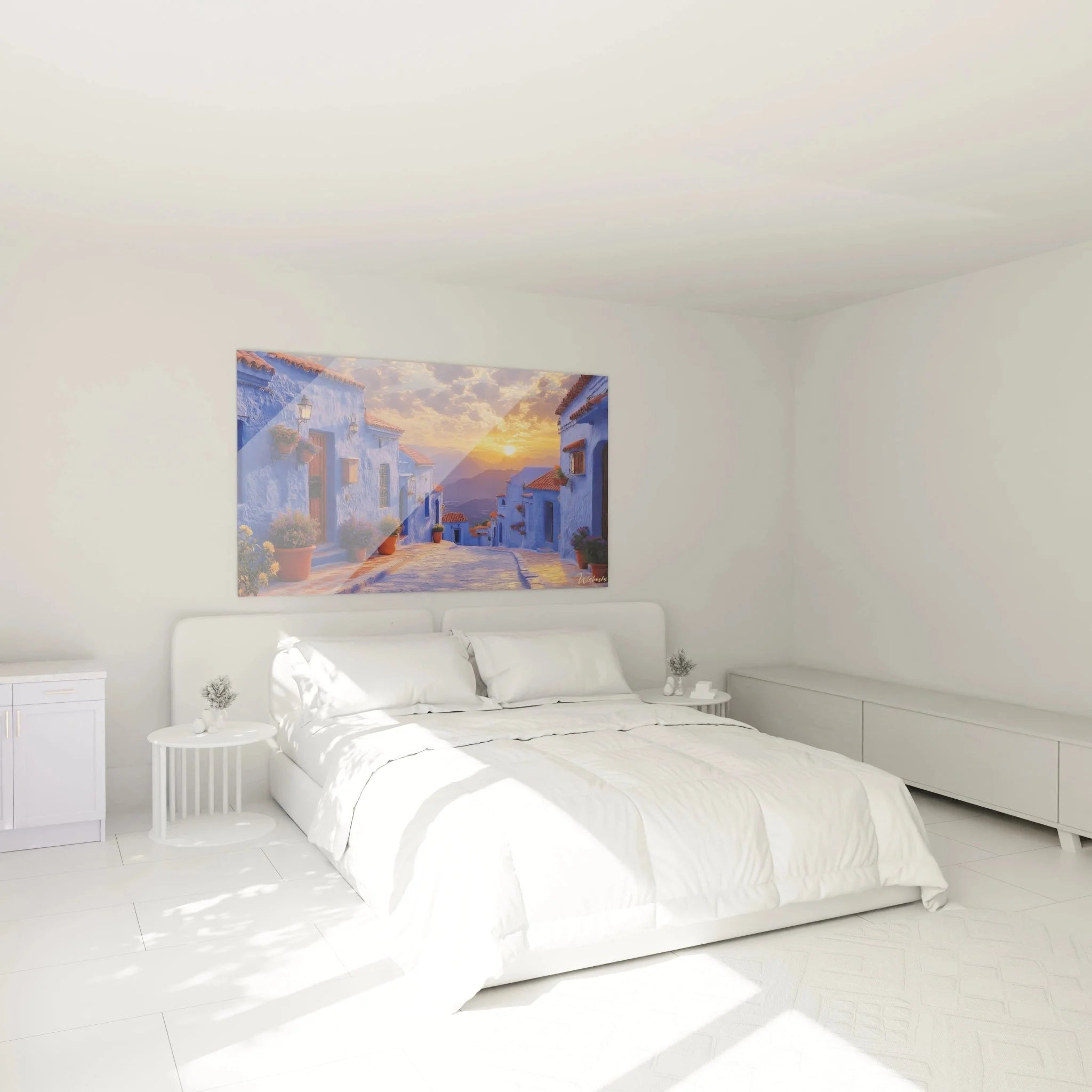 Wandbild Chefchaouen Schlafzimmer Dekoration blaue Stadt Marokko Sonnenuntergang Wanddeko