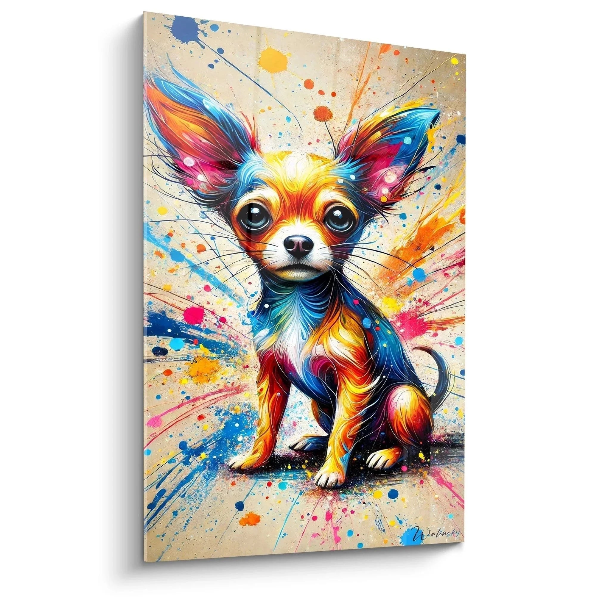 Wandbild Chihuahua mit spektakulärer Farbexplosion in Blau Orange Rot - Moderne Hundekunst XXL