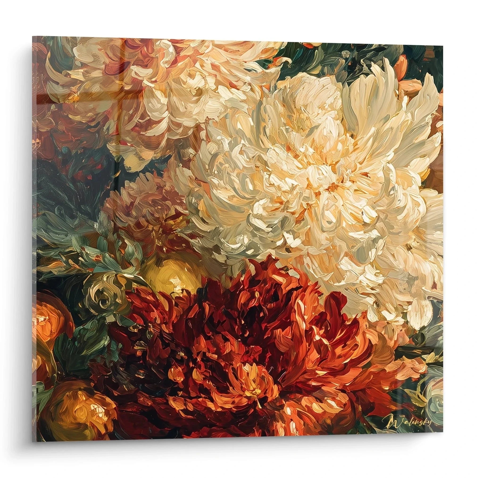 Wandbild Chrysanthemen in warmen Herbstfarben, Renaissance Stil Blumenmalerei für Wohnzimmer