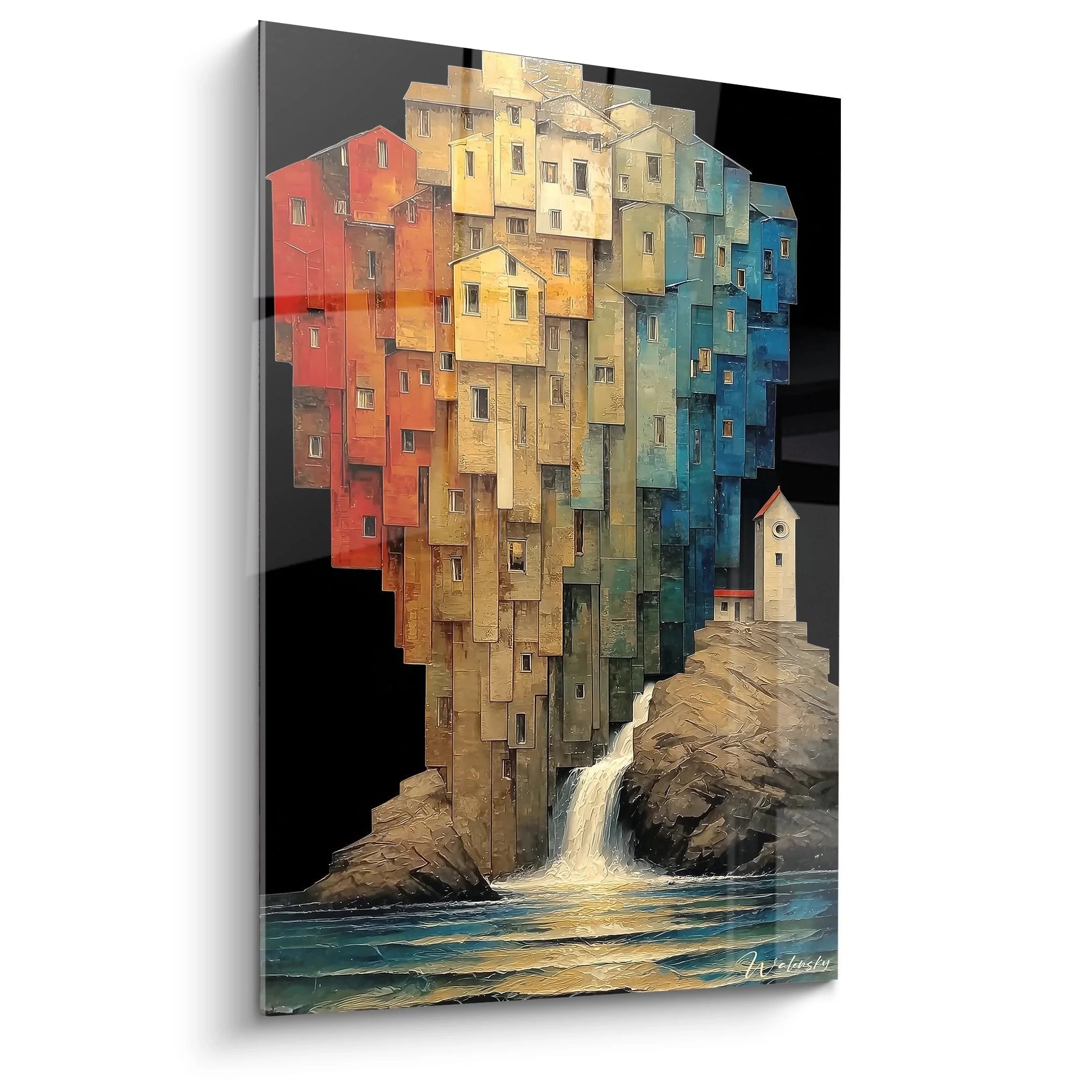 Wandbild bunte Häuser Cinque Terre mit mediterraner Küstenarchitektur in warmen Rottönen bis Blautönen