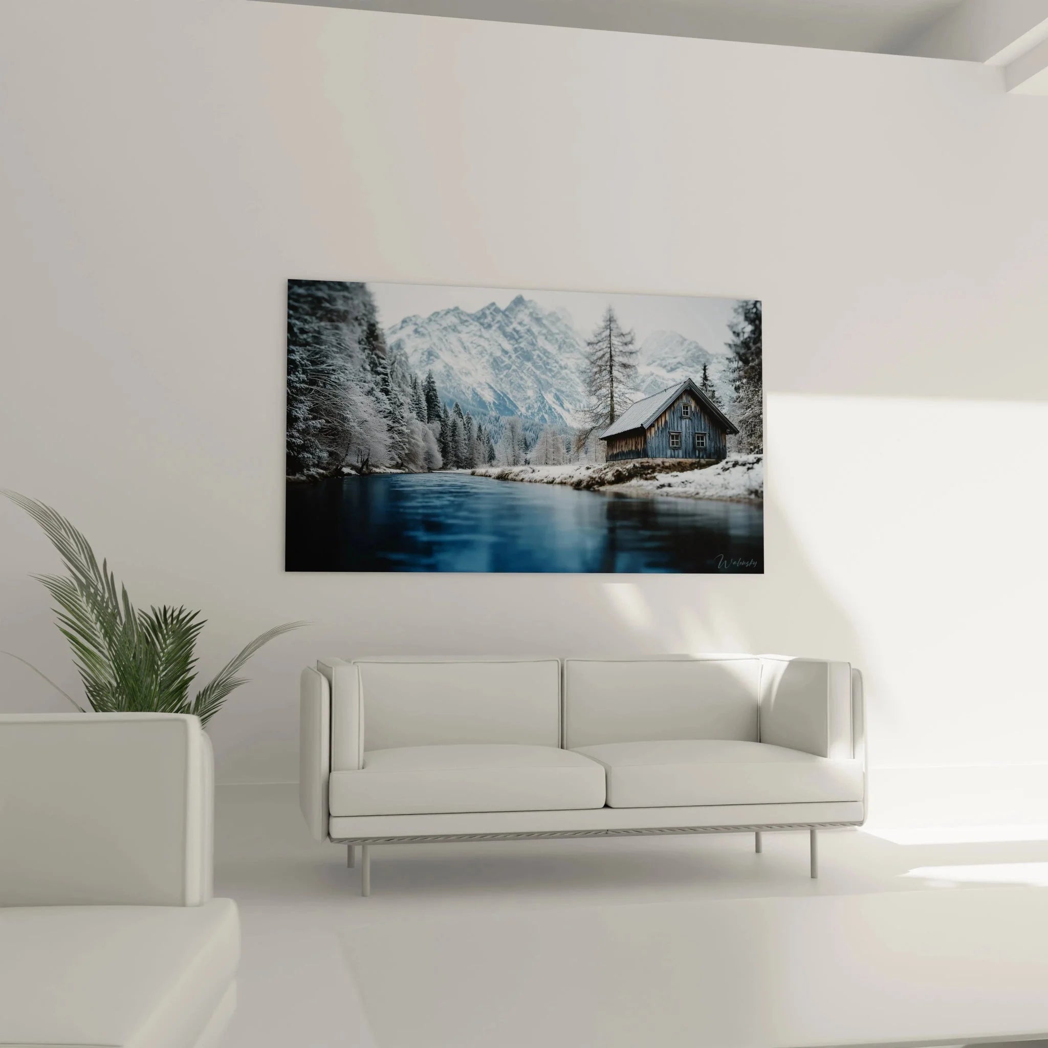 Detailansicht Wandbild verschneite Holzhütte mit warmem Licht am winterlichen Bergsee