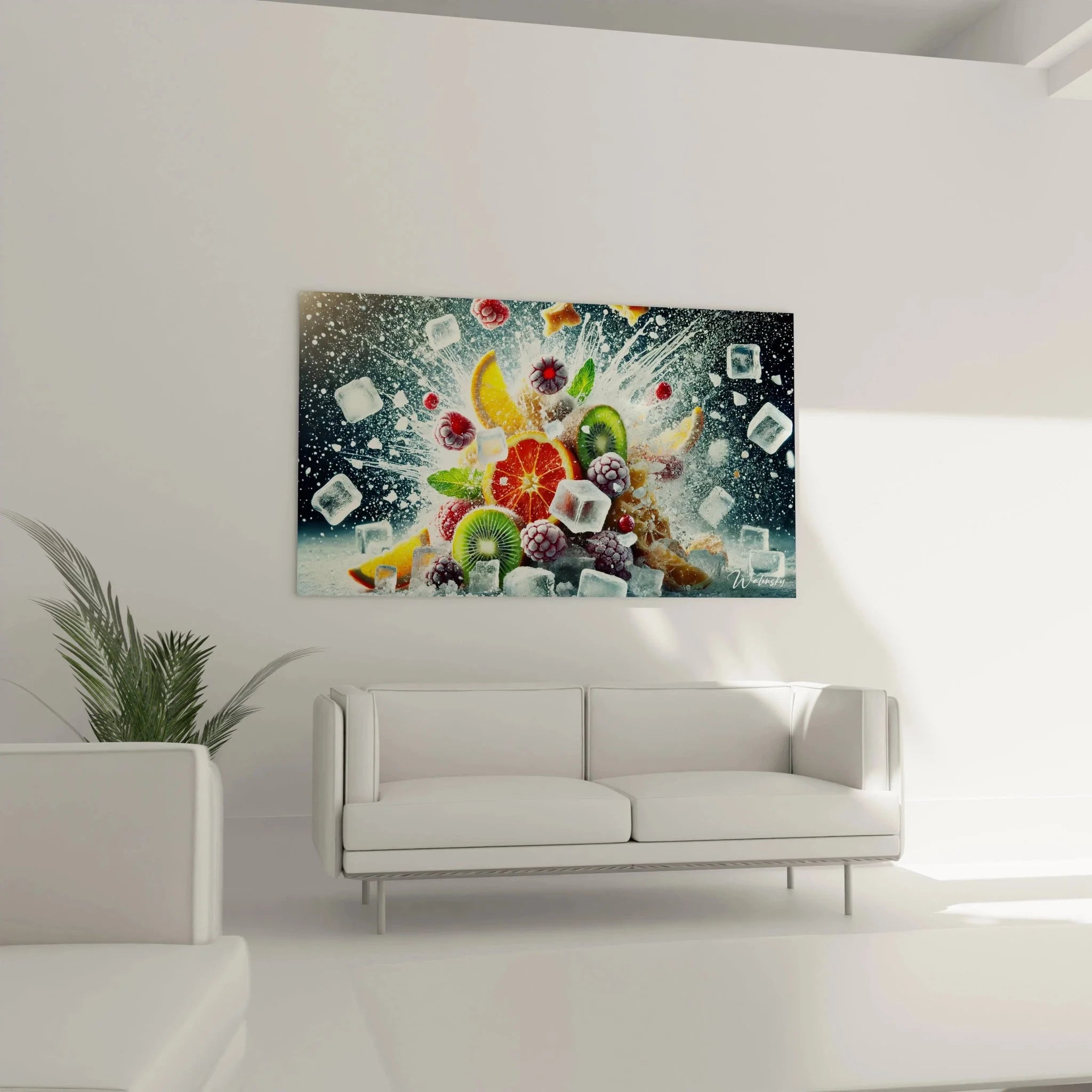 Detailansicht Wandbild Cocktail Früchte - Kiwi, Grapefruit und Eiswürfel in dynamischer Komposition