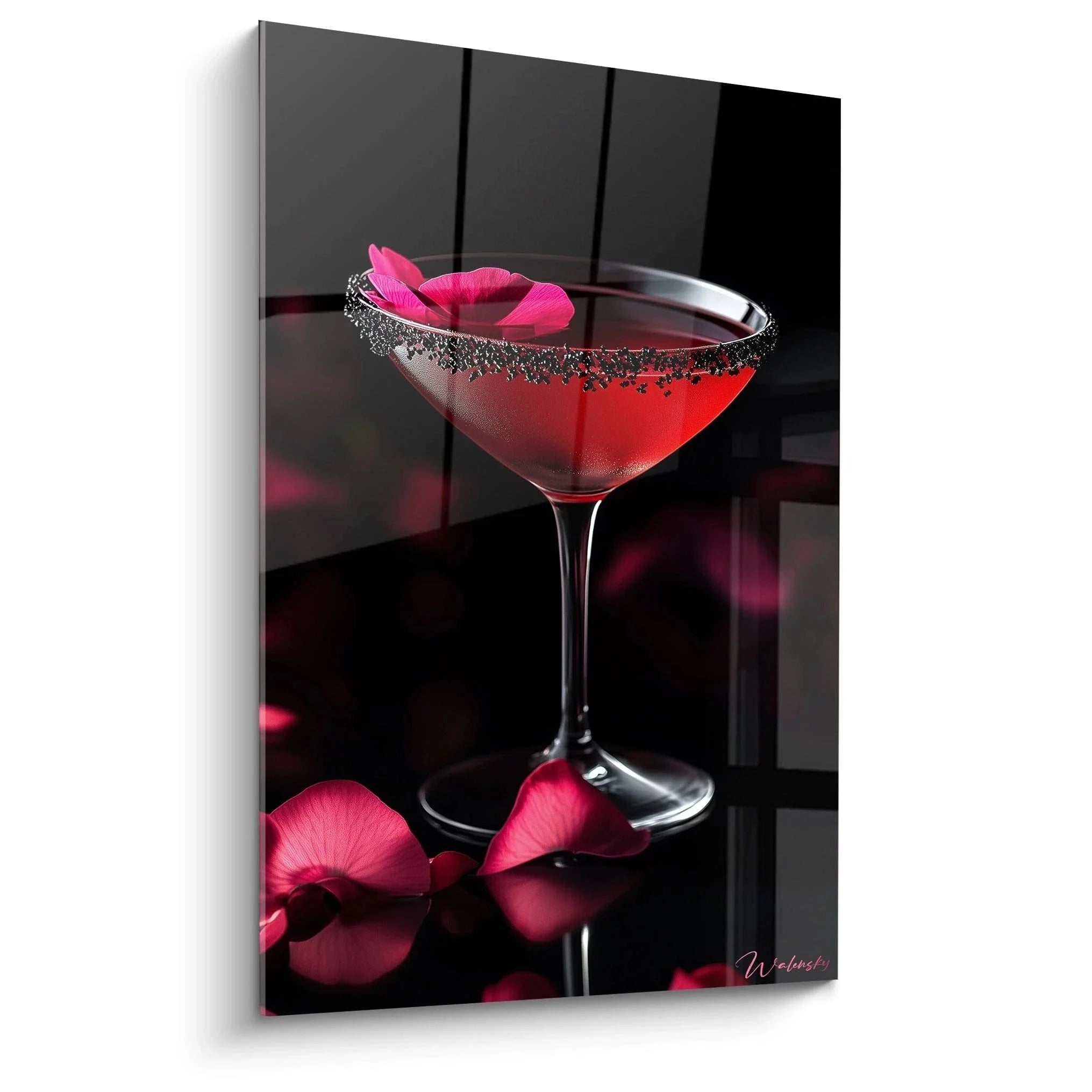 Wandbild Cocktail mit rotem Martini und pinken Rosenblüten auf schwarzem Hintergrund