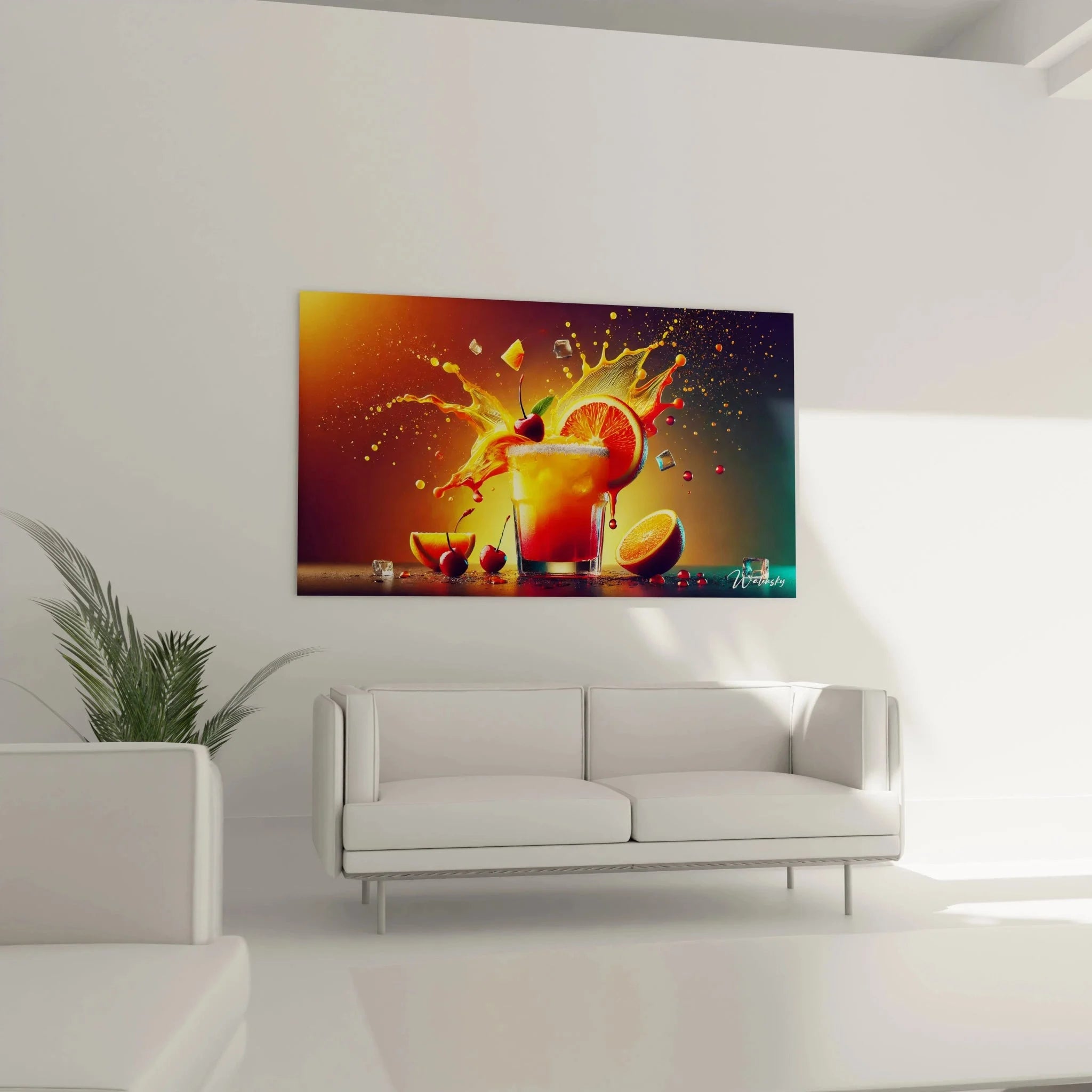 Nahaufnahme Wandbild Cocktail Splash Detail mit Orangenscheiben Kirschen und Eiswürfeln Premium Qualität