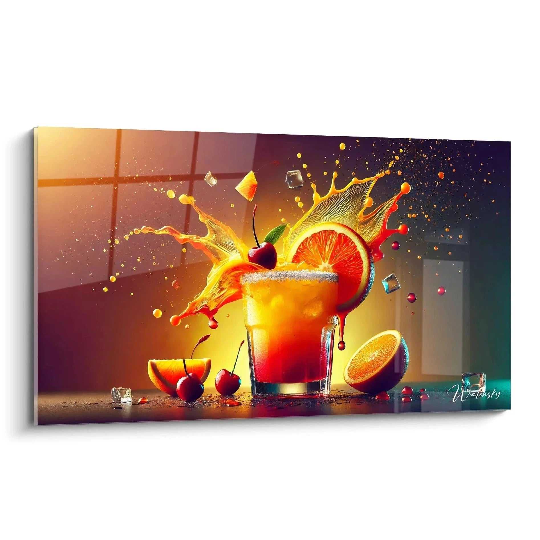 Wandbild Cocktail Splash Tequila Sunrise mit Früchten und Eiswürfeln in dynamischer Darstellung für Küche