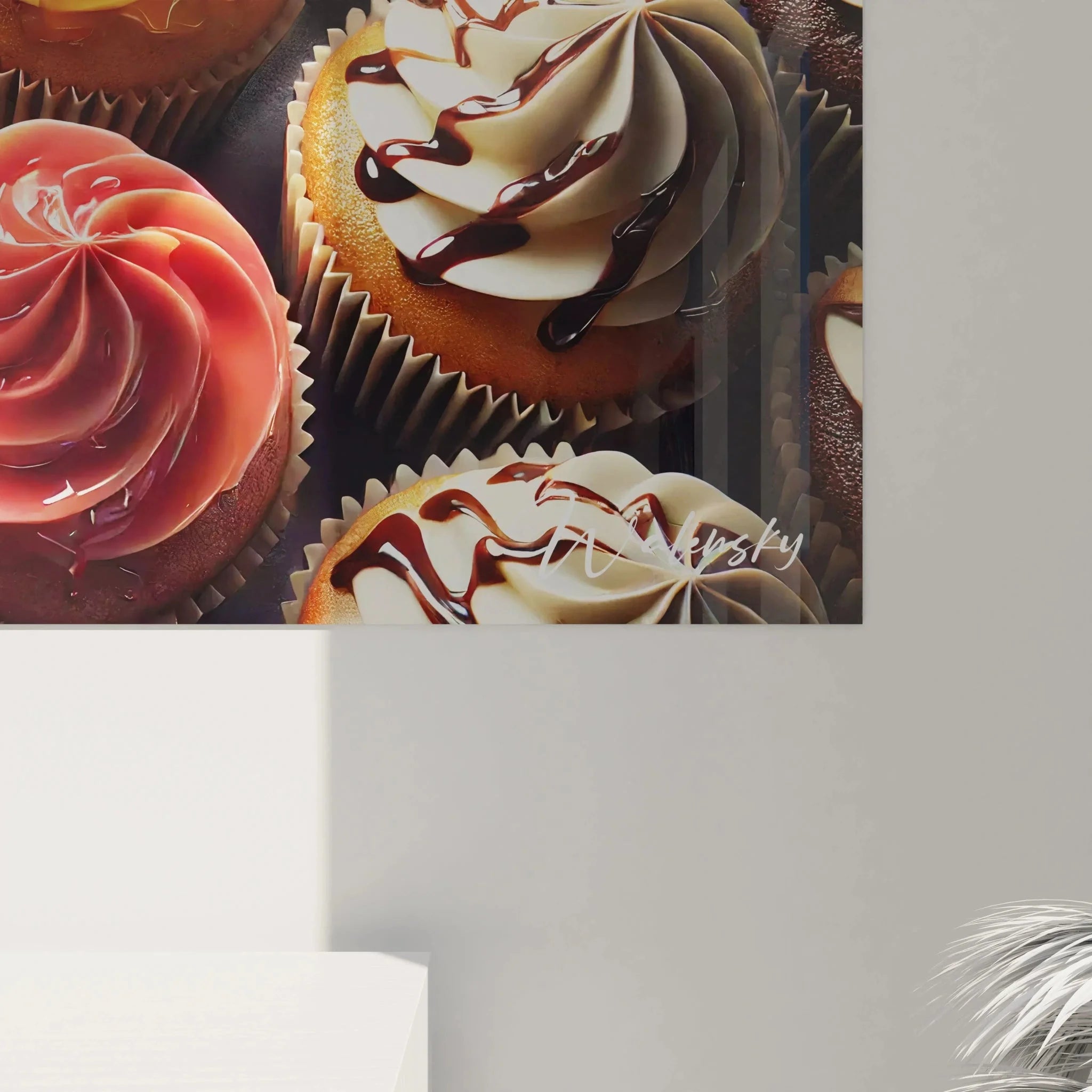 Wandbild Cupcakes Gesamtansicht - vielfältige bunte Törtchen Komposition als Küchenwandkunst