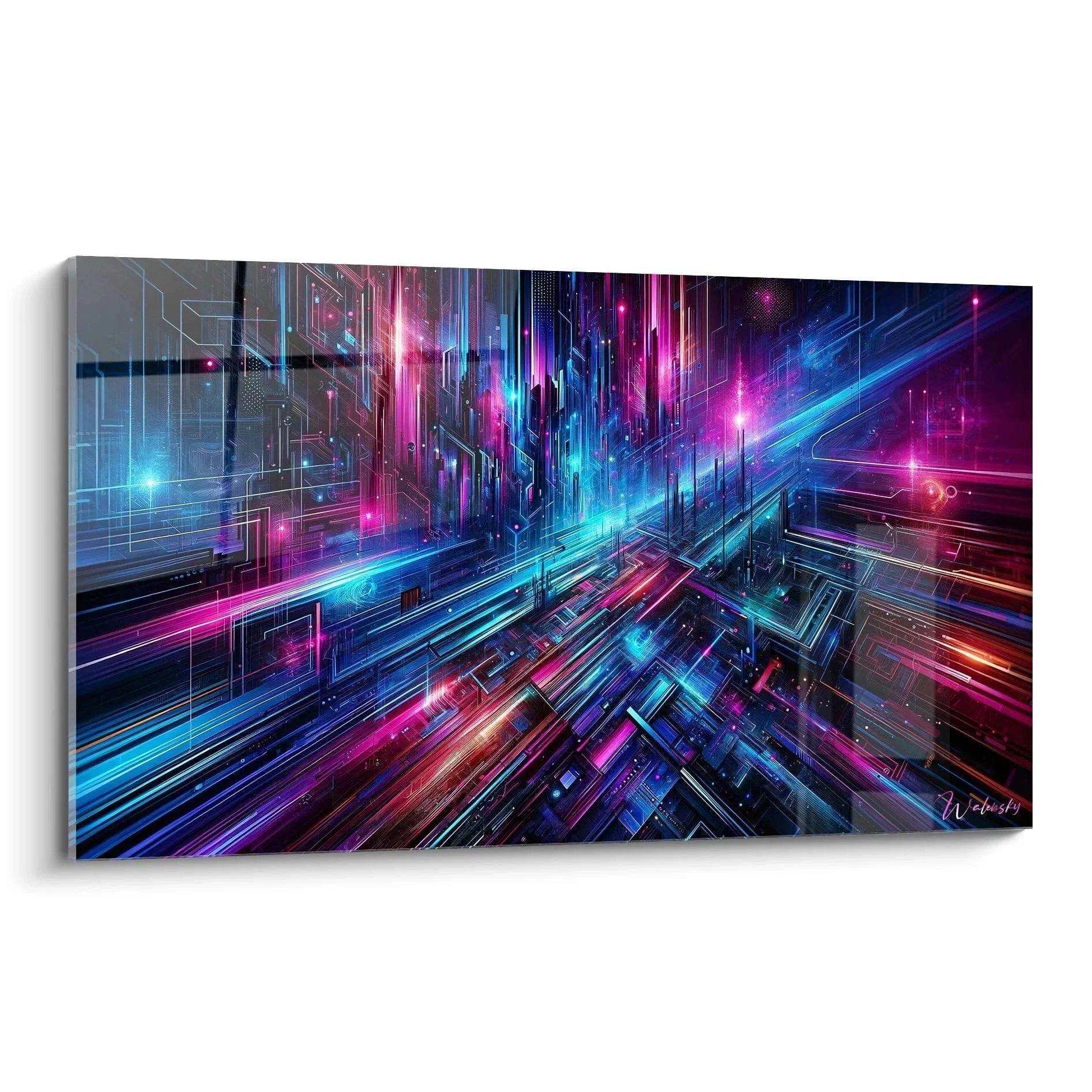 Wandbild Cyber Metropolis mit leuchtenden Neonfarben und futuristischen digitalen Strukturen