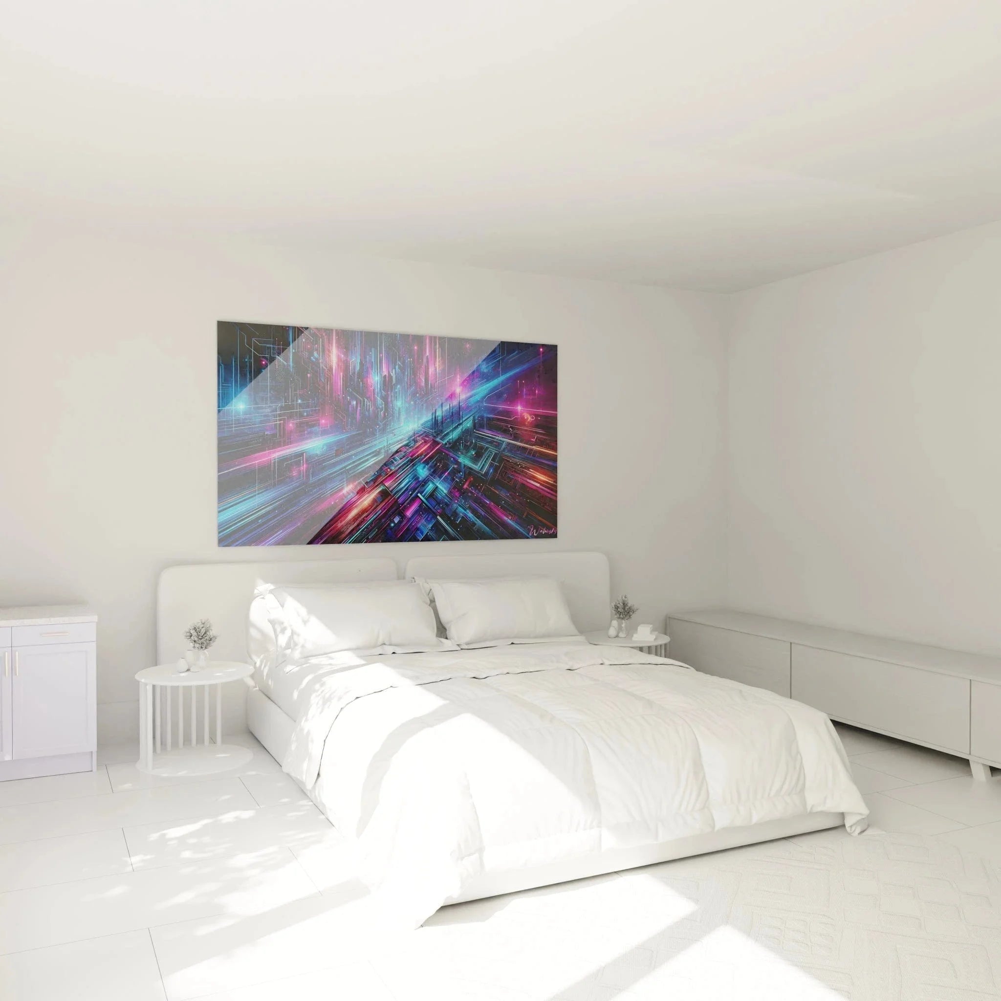 Futuristisches Wandbild Digitalstadt in modernem Schlafzimmer als zeitgenössische Wanddekoration