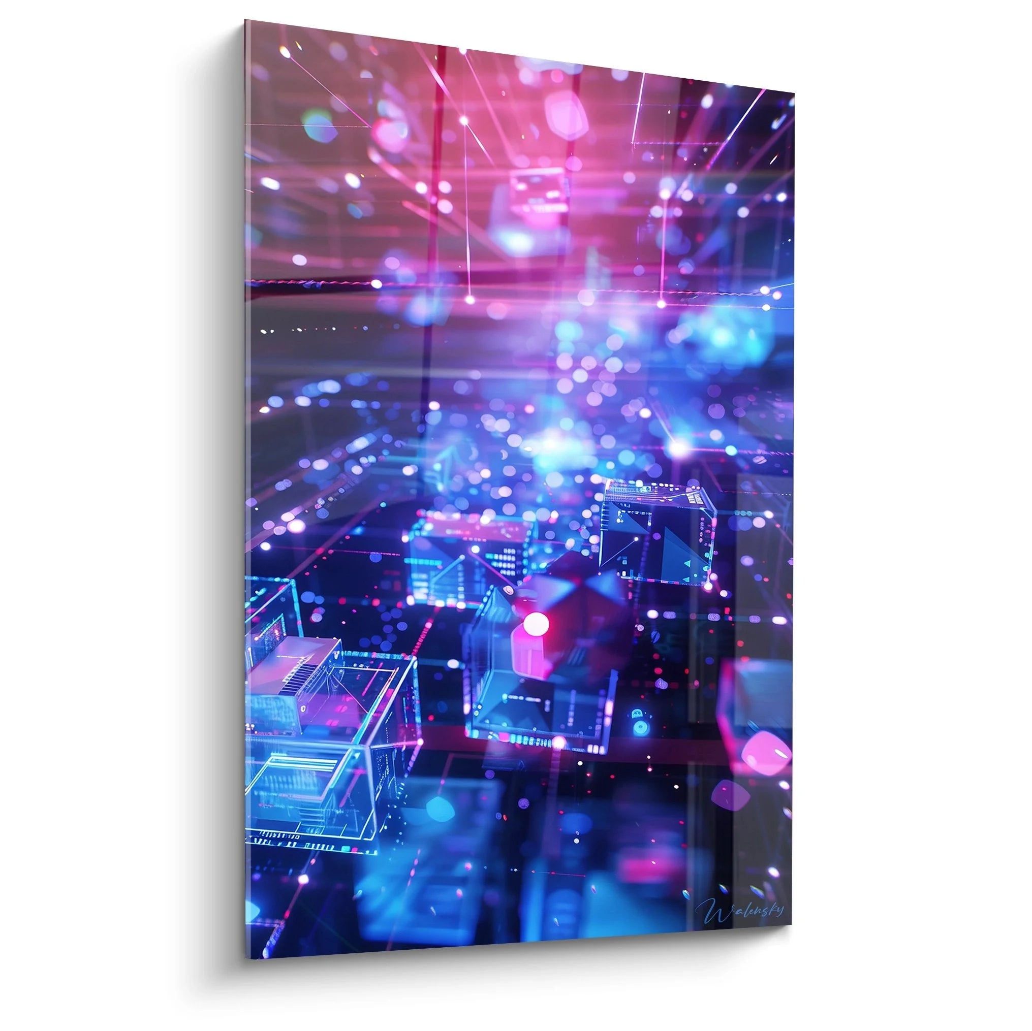 Wandbild Cyberpunk Stadt mit leuchtenden Neonfarben in Pink und Blau - Futuristische Wanddekoration