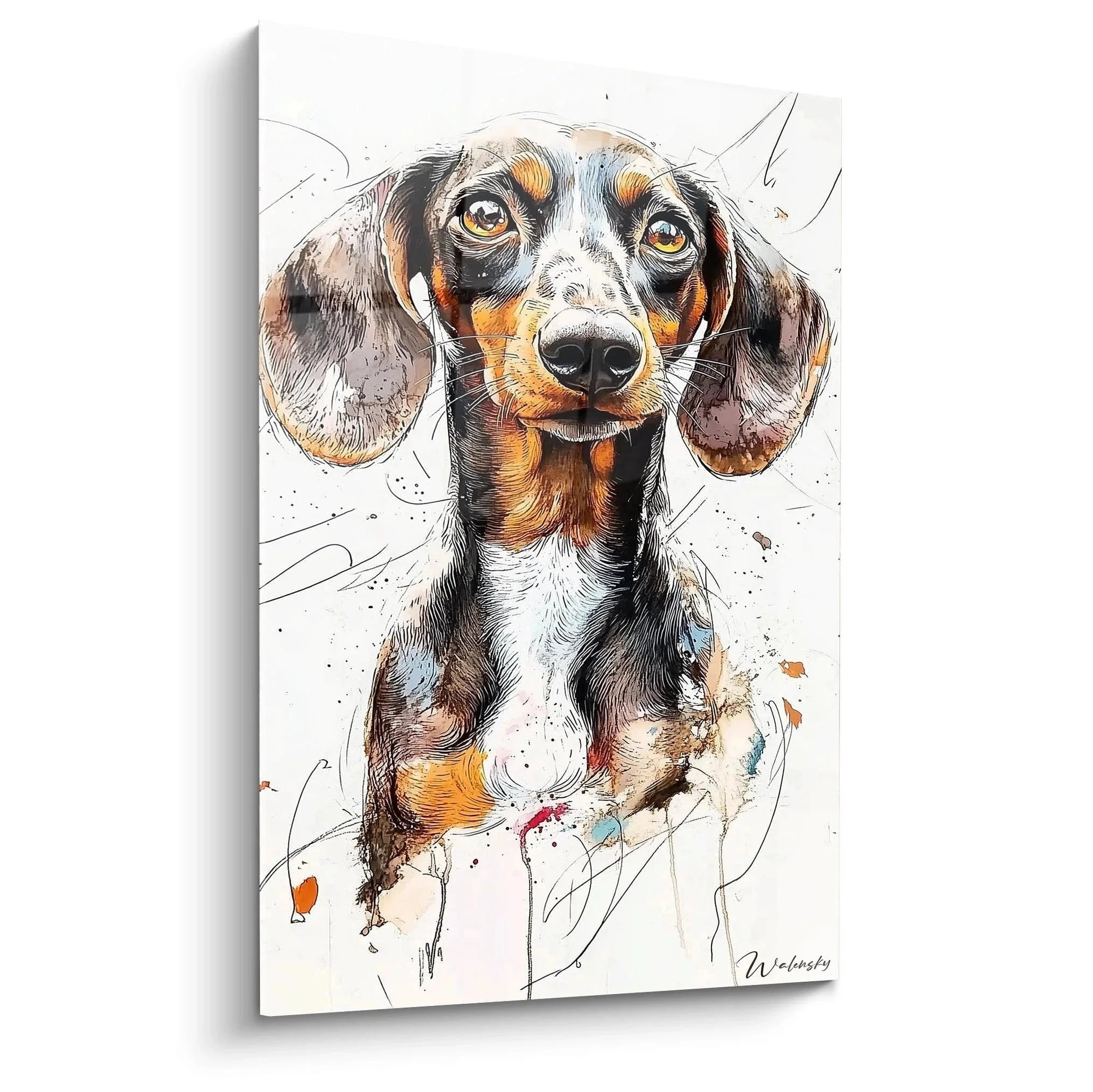 Wandbild Dackel Aquarell - Kunstvolles Hundeportrait mit warmen Farbtönen für moderne Wanddekoration