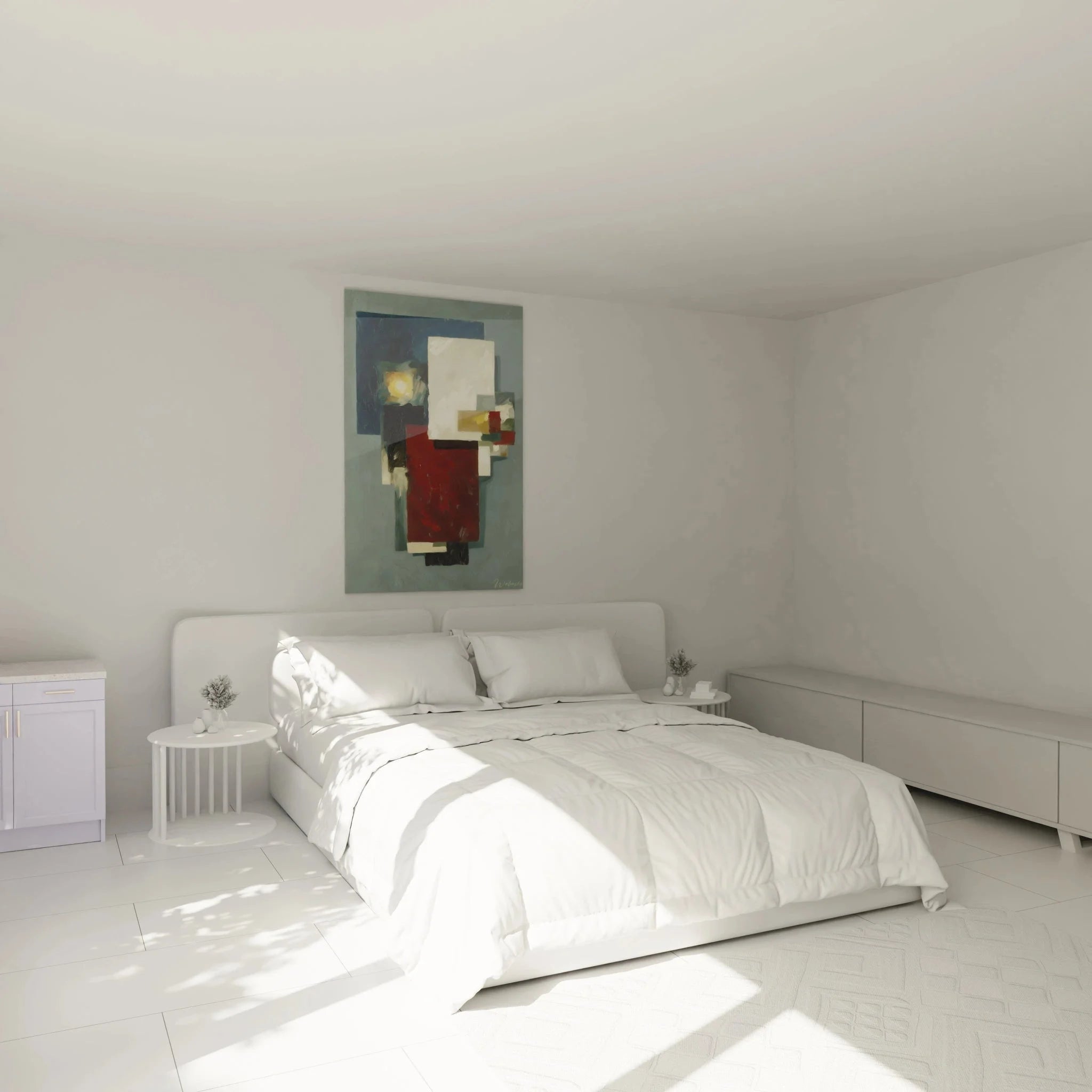 Modernes Wandbild abstrakte Komposition Dadaismus in eleganter Schlafzimmer Einrichtung an weißer Wand