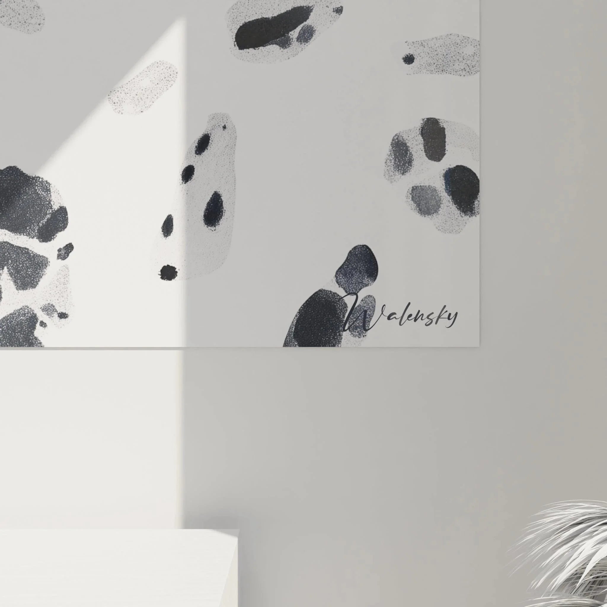 Gesamtansicht Wandbild Dalmatiner Muster schwarz-weiß abstrakte Flecken Komposition Übersicht