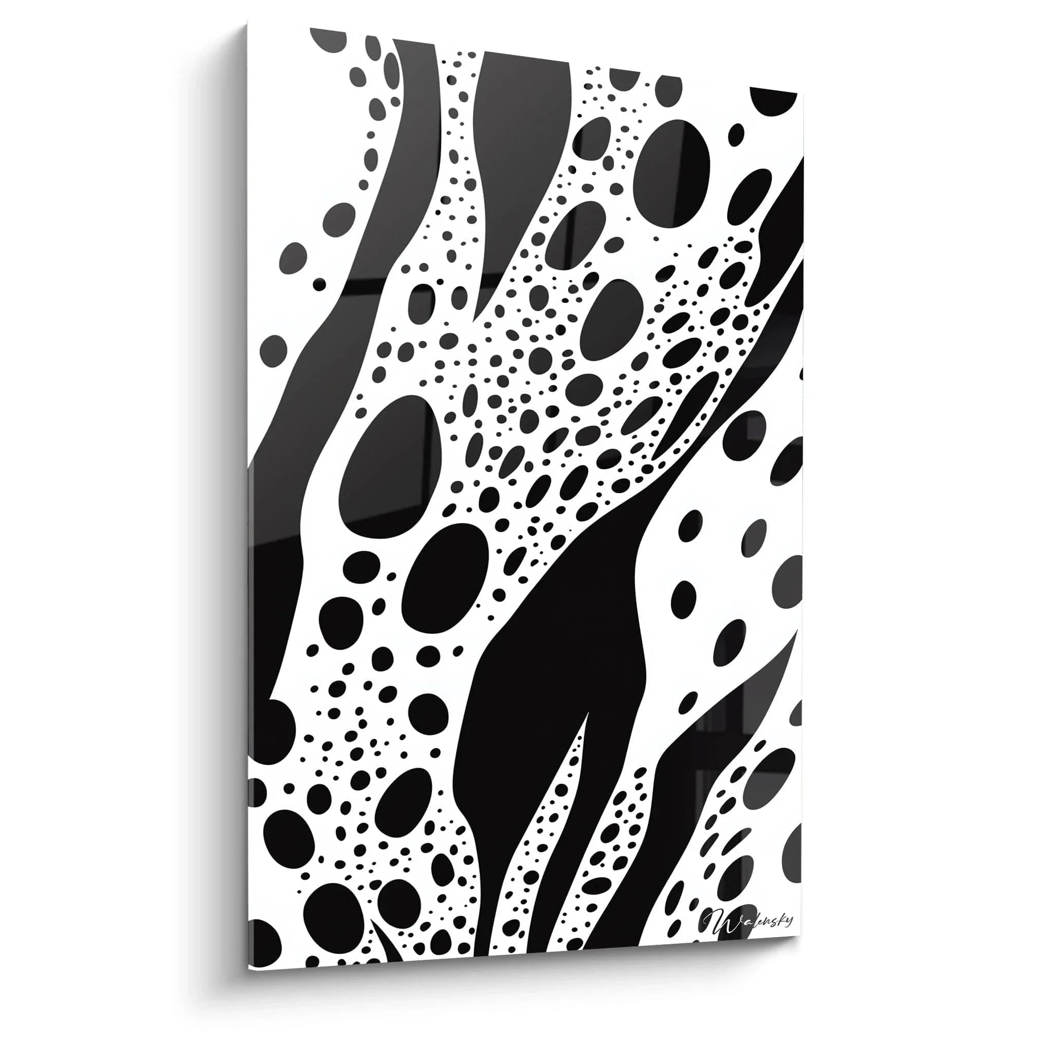 Wandbild abstrakte Dalmatiner Musterung schwarz-weiß mit dynamischen Punkten und organischen Formen auf weißer Leinwand