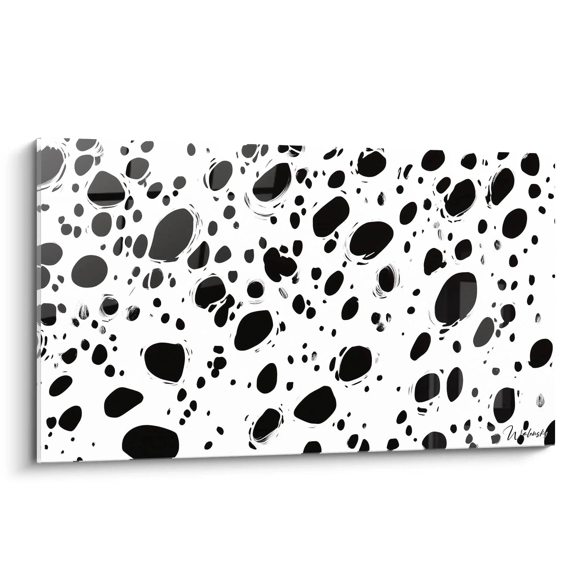 Wandbild mit schwarzen Dalmatiner-Punkten auf weißem Grund, abstrakte schwarz-weiße Kunst