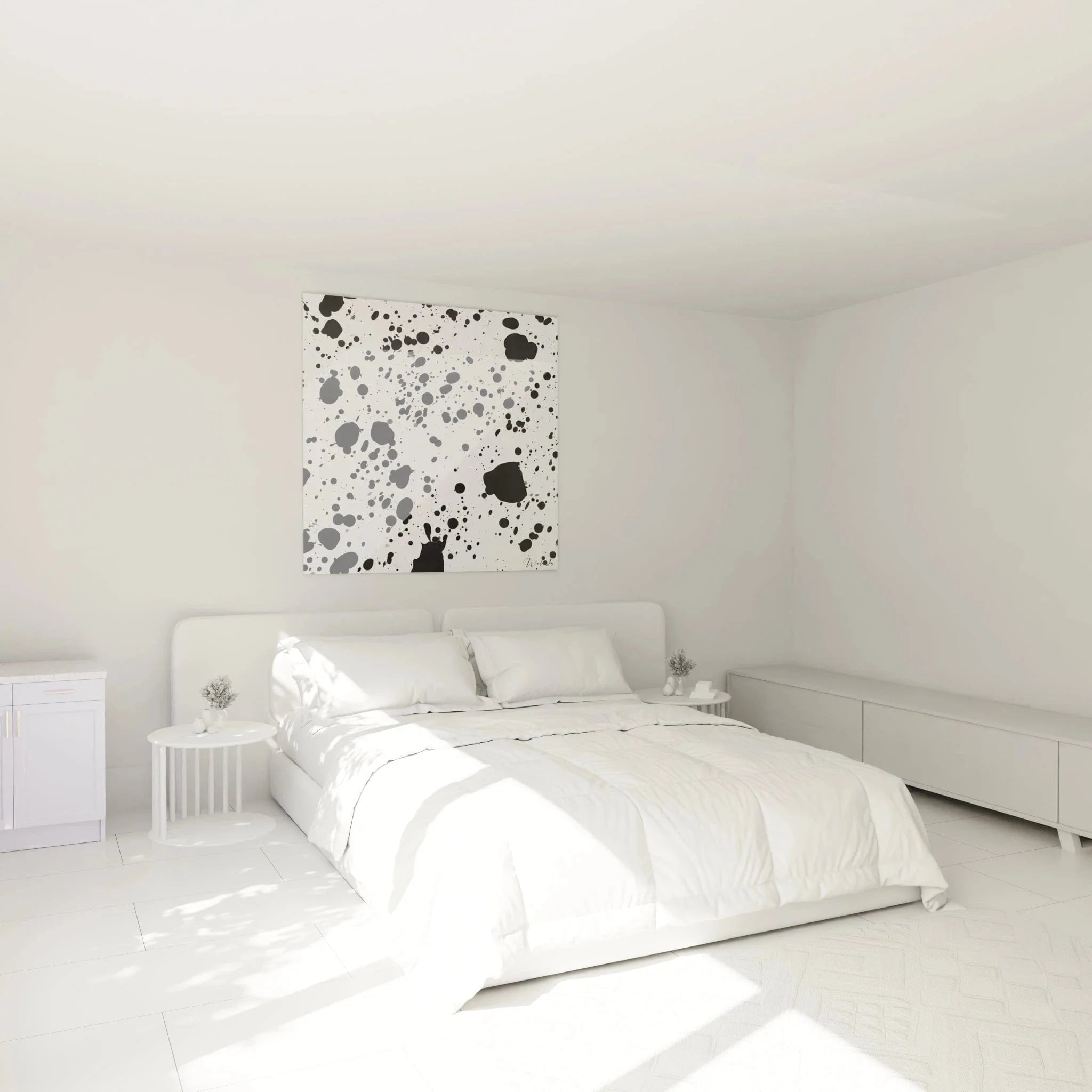 Modernes Wandbild Dalmatiner Stil im Schlafzimmer, schwarz-weiße abstrakte Kunst als stilvolle Wanddekoration