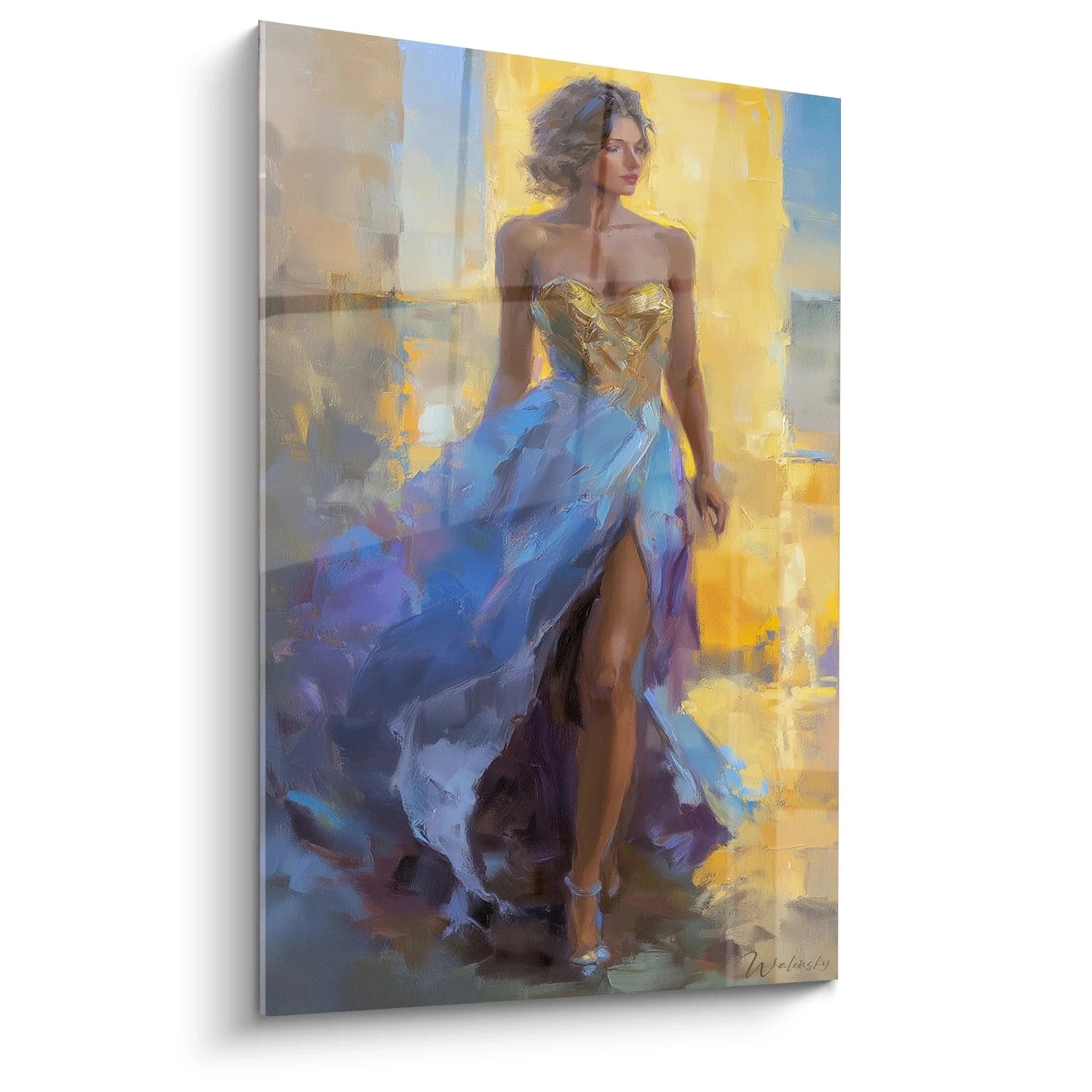 Elegante Dame im blauen Ballkleid mit Gold, Haute Couture Wandbild XXL für luxuriöse Wohnräume