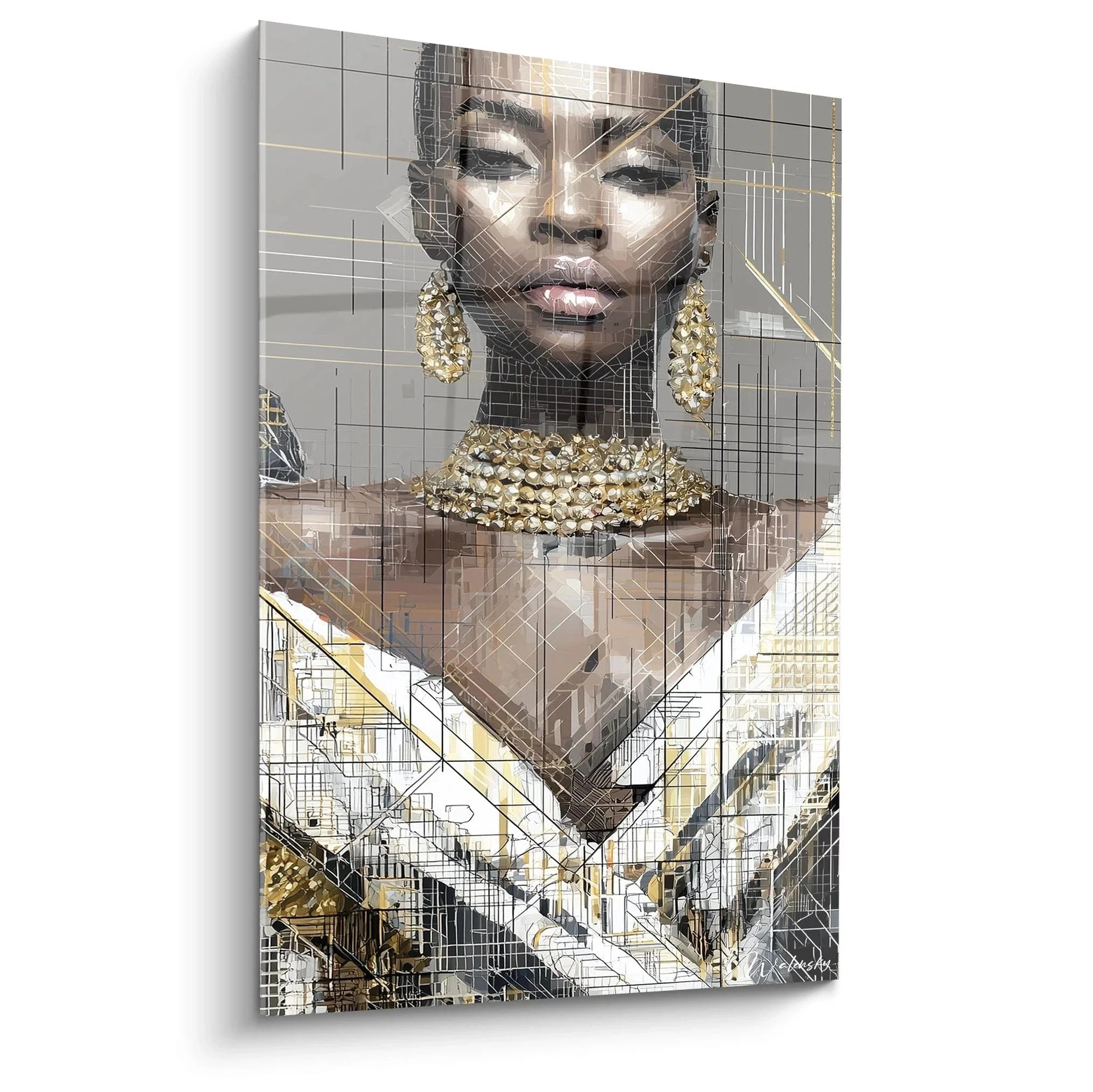 Elegante Dame mit goldenem Schmuck - Luxuriöses XXL Wandbild Haute Couture Edition mit geometrischen Elementen