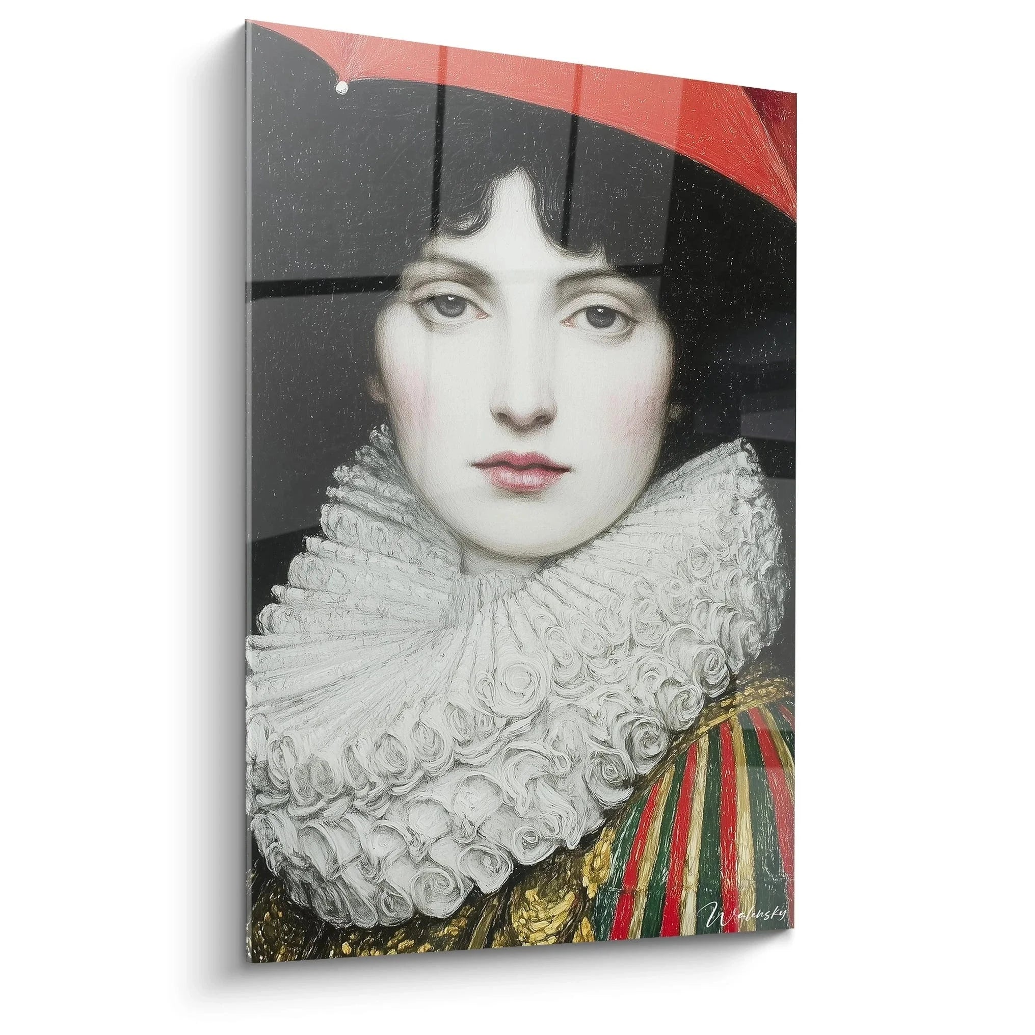 Wandbild Dame mit weißem Rüschenkragen und rotem Hut im präraffaelitischen Stil - Premium Kunstdruck