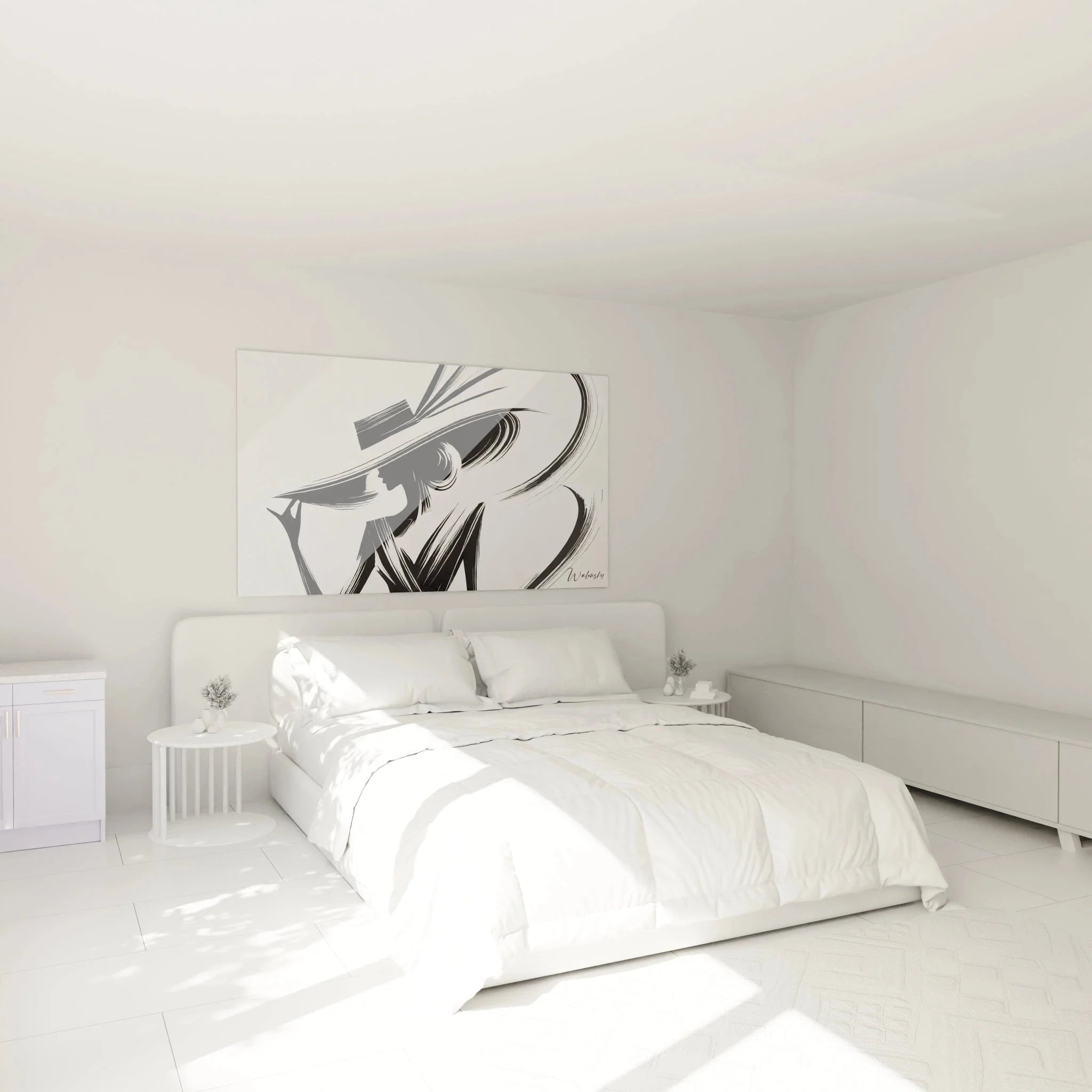 Wandbild Dame Schwarz-Weiß im Schlafzimmer, stilvolle Wanddekoration über dem Bett