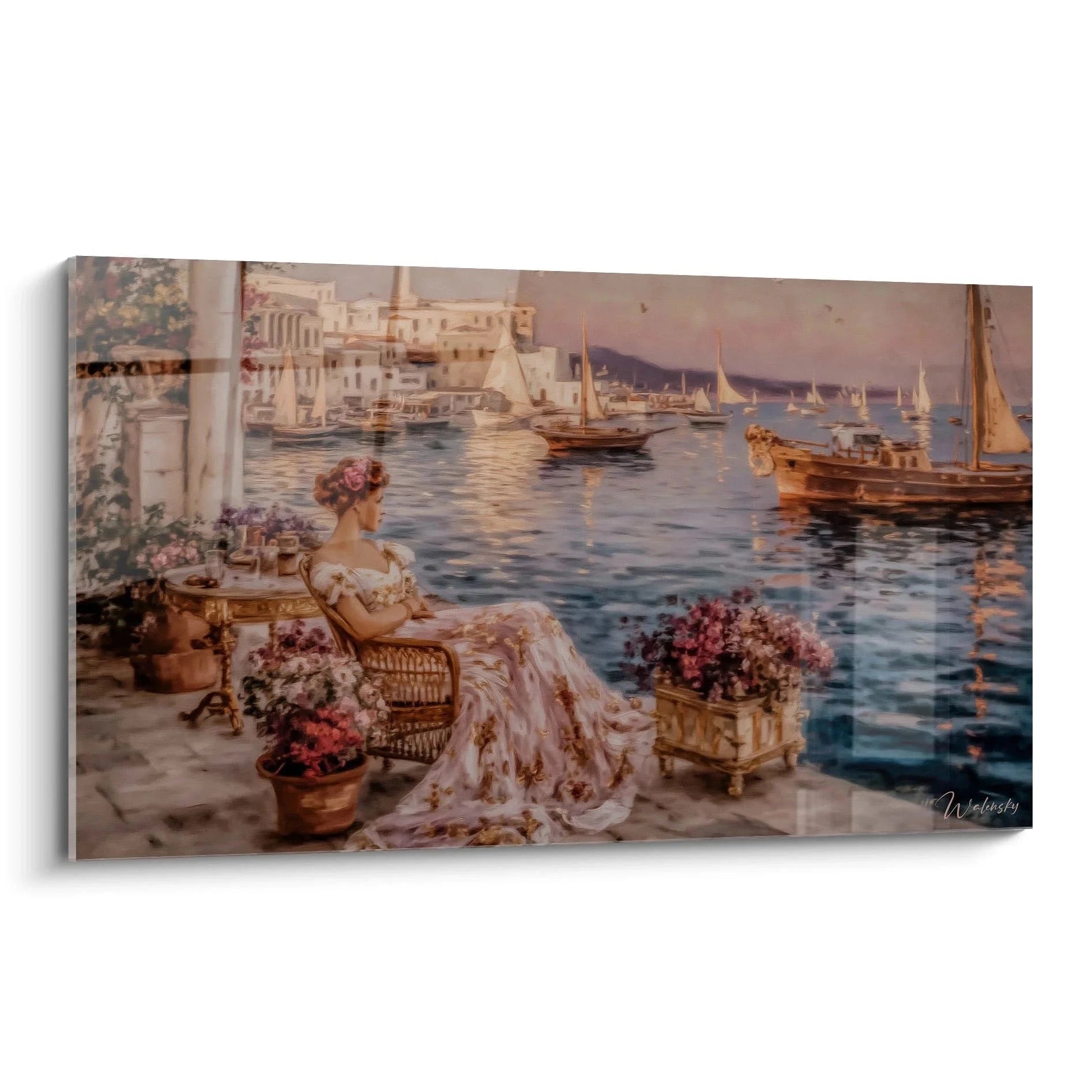 Wandbild Dame auf Terrasse mit mediterranem Hafenblick, Klassizismus Stil, elegante Wandkunst