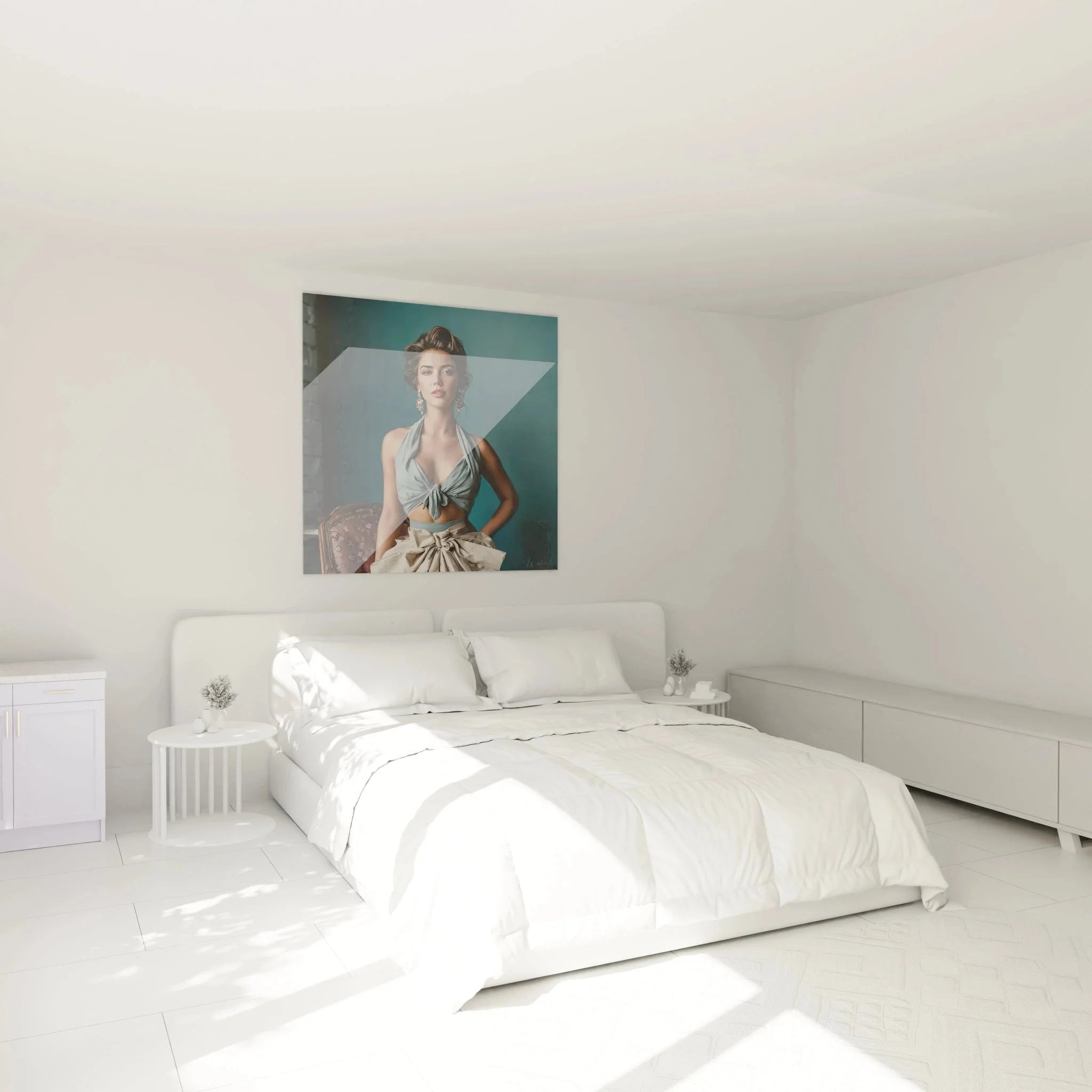 Elegantes Frauenportrait Wandbild XXL in Schlafzimmer Ambiente mit türkis-grauer Farbpalette Premium Dekoration