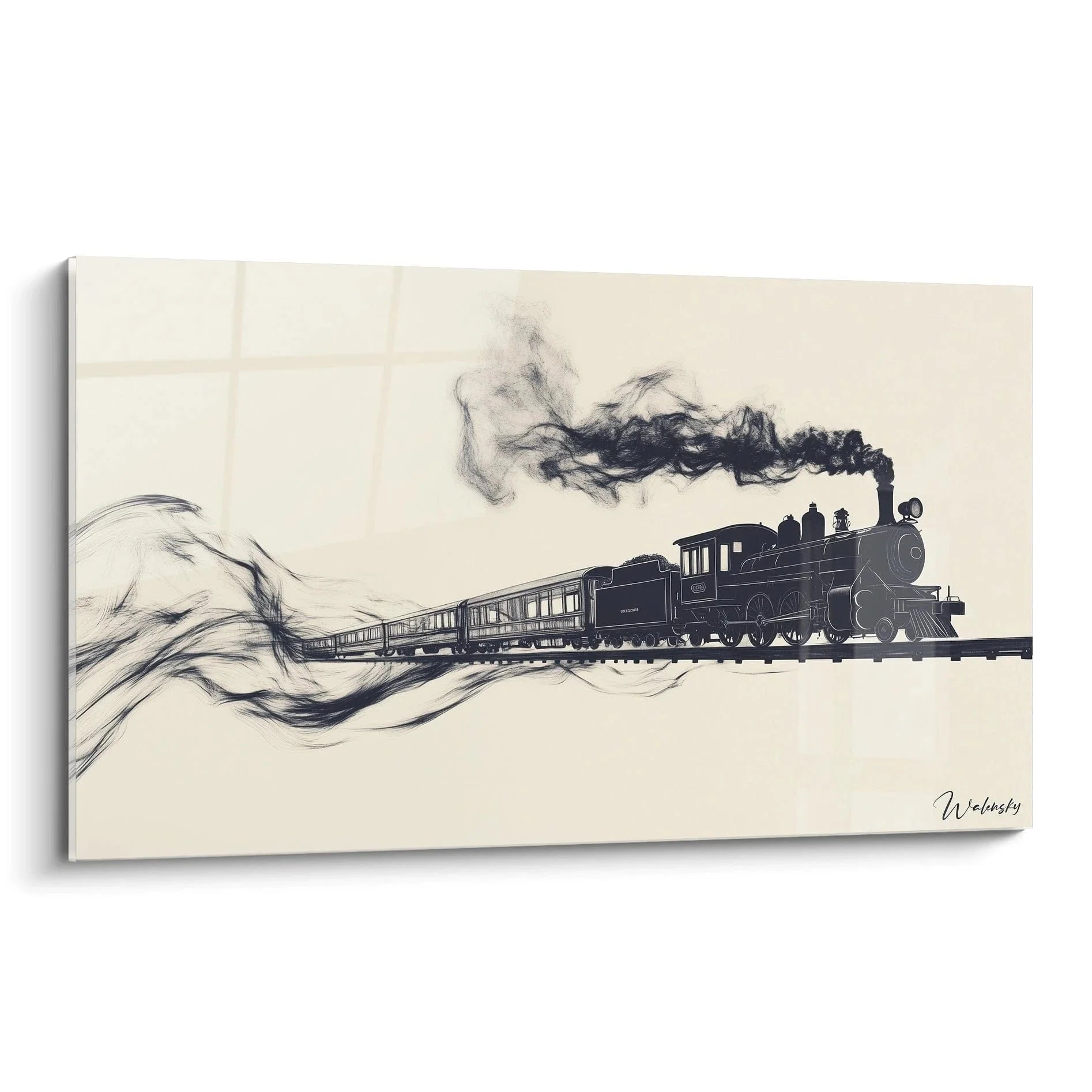 Wandbild Dampflokomotive Turner Stil mit dramatischen Rauchschwaden auf beigem Hintergrund