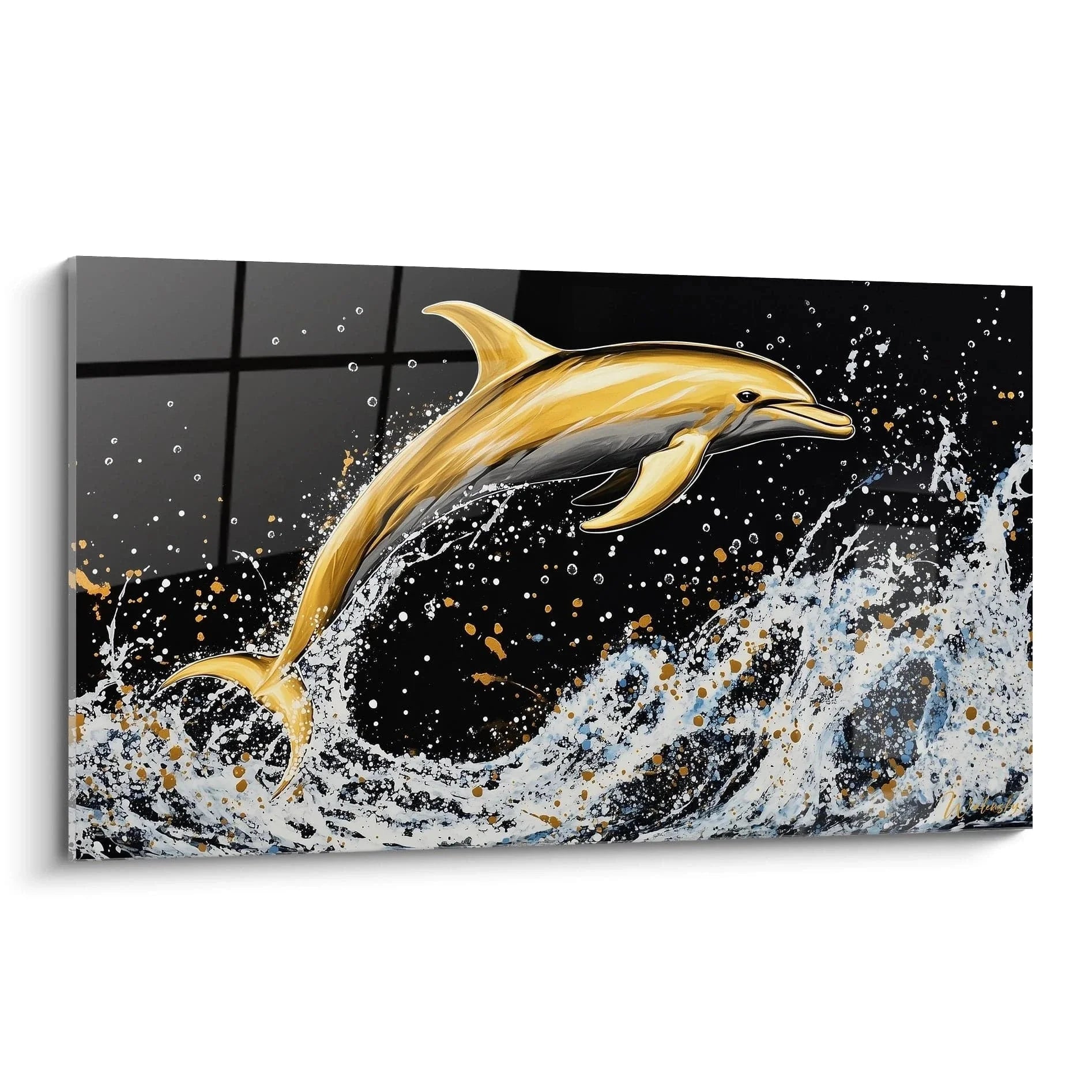 Wandbild Delfin gold springt aus schwarzem Wasser mit weißen Spritzern - maritime Wanddekoration