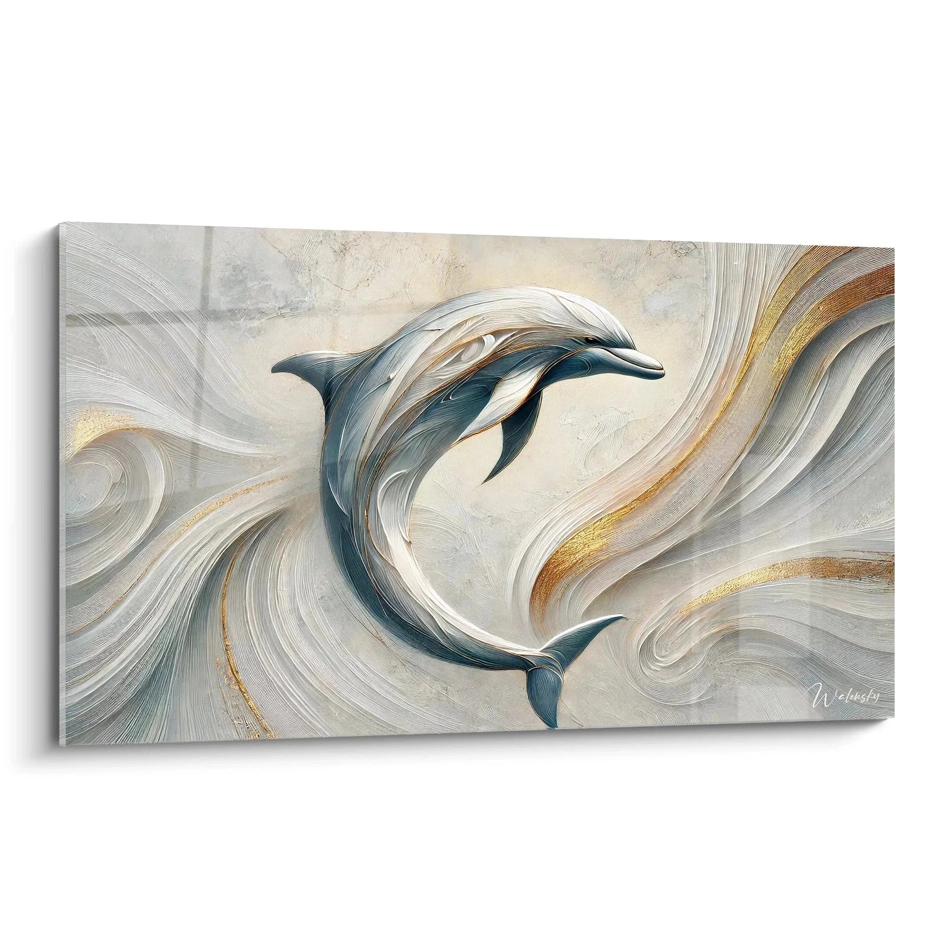 Abstraktes Wandbild mit zwei Delfinen in goldenen Wellen, moderne Meereskunst in Beige und Teal