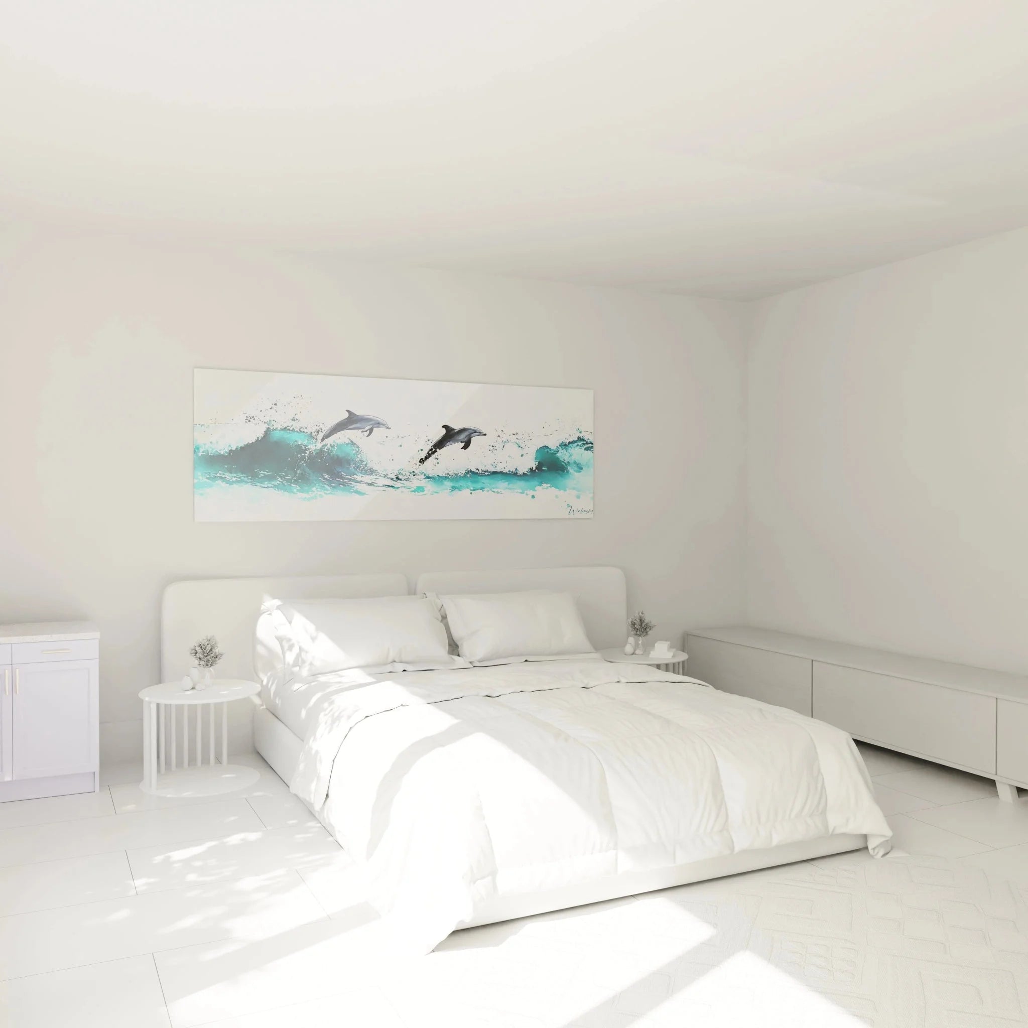 Wandbild XXL Delfine springend im Schlafzimmer - Aquarell Meereswellen Wanddeko über dem Bett hängend