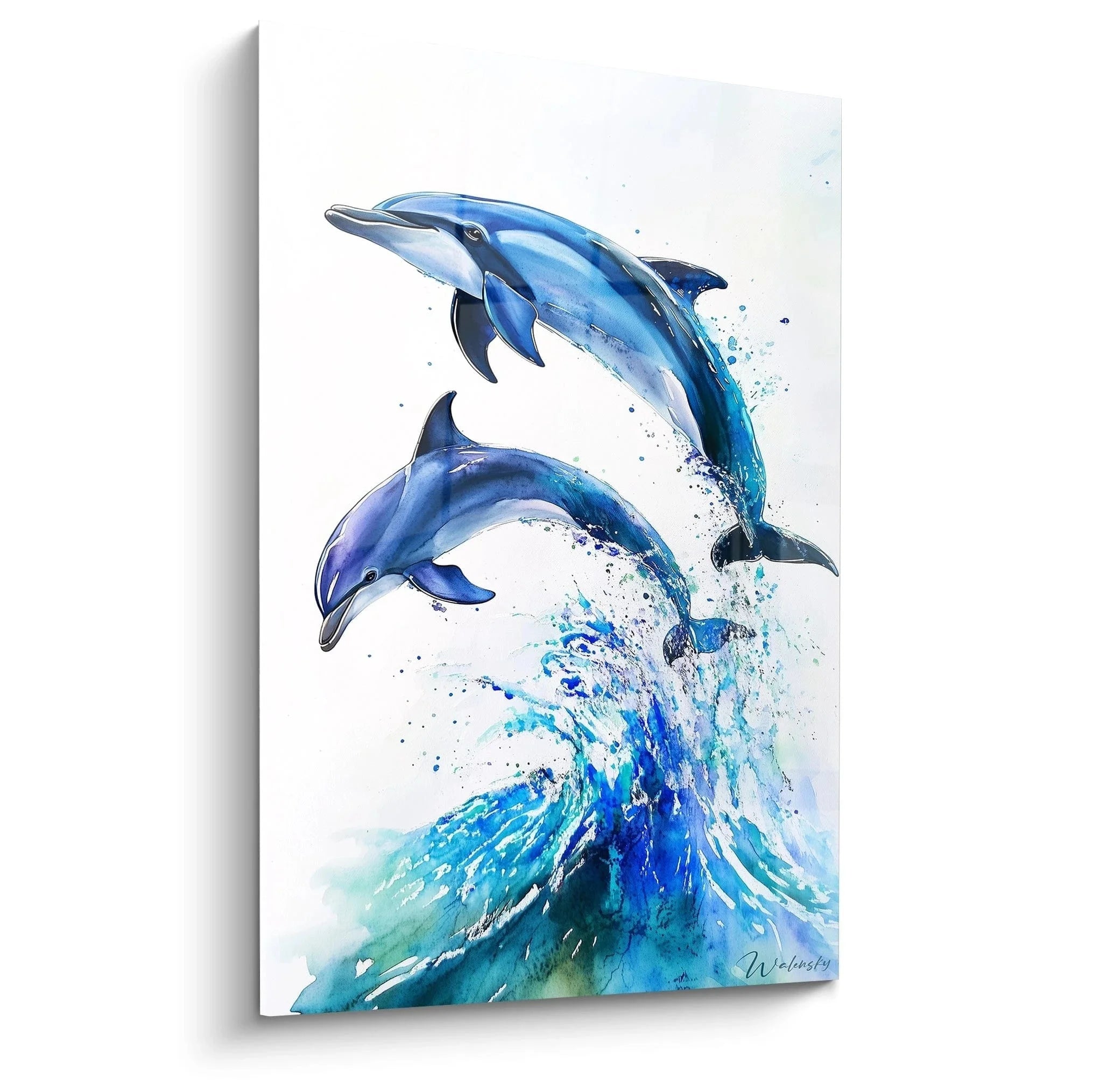 Wandbild springende Delfine Aquarell mit blauen Wassersplash - maritime Wanddekoration Edition Delfin