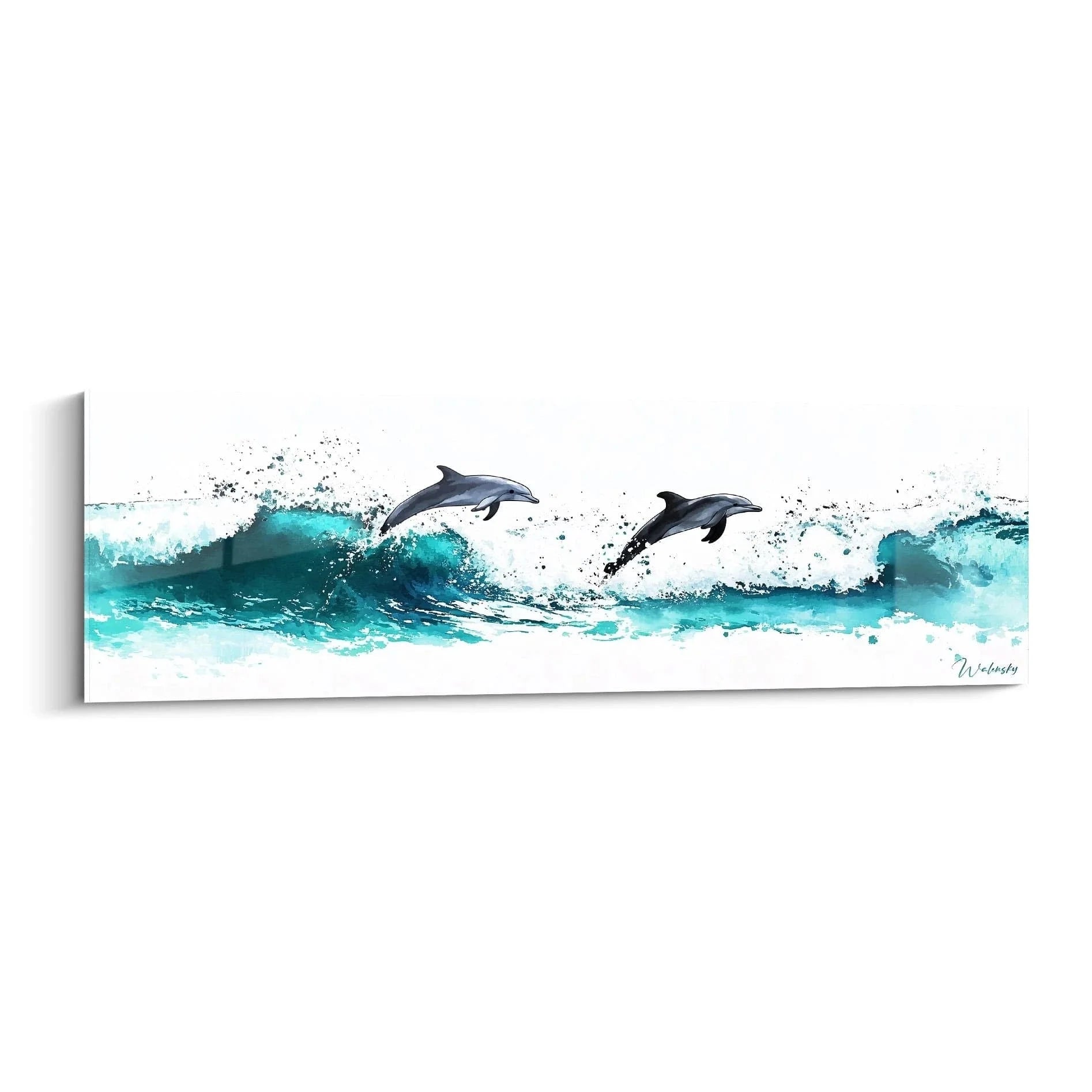Wandbild Delfine springend aus türkisen Meereswellen im Aquarell-Stil - Maritime Wanddeko Edition Delfin
