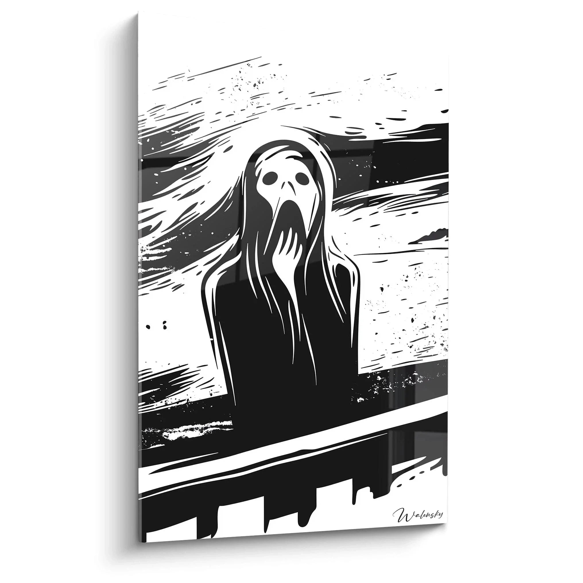 Wandbild Der Schrei in Schwarz-Weiß, expressionistische Kunst im Stil von Edvard Munch für moderne Wanddekoration