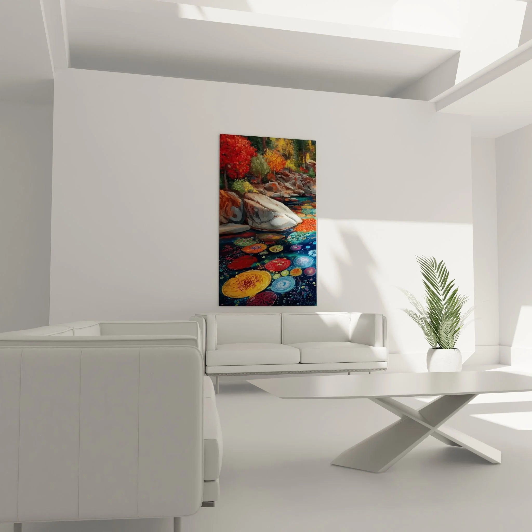 Nahaufnahme Wandbild Details - bunte kreisförmige Reflexionen im Bach zwischen hellen Felsformationen