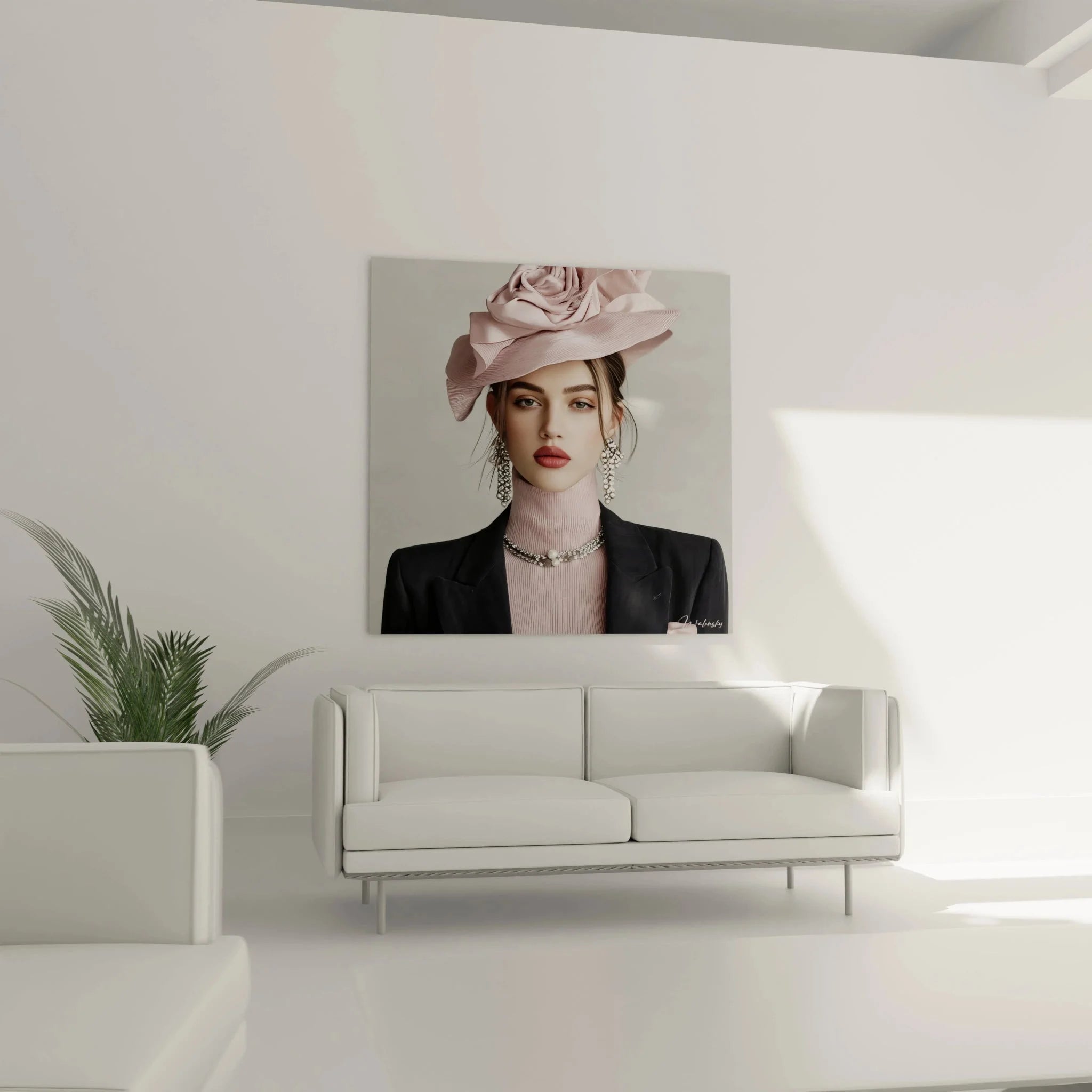 Detailaufnahme Wandbild Fashion Portrait mit rosa Hut und Perlenschmuck