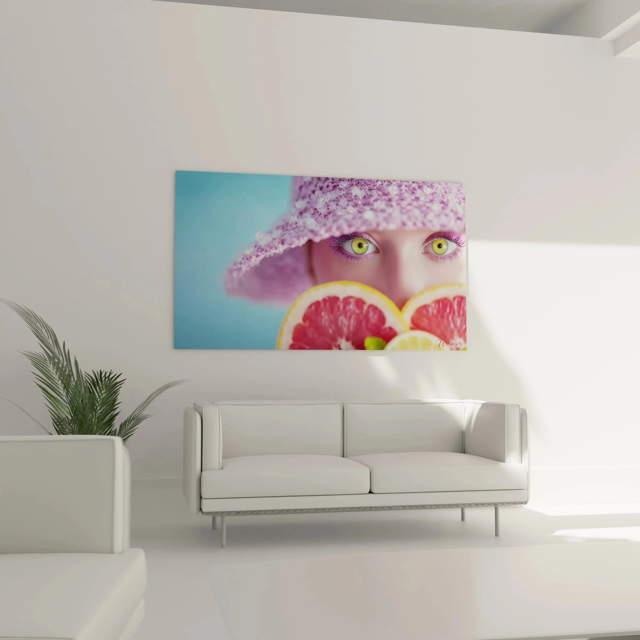 Detailaufnahme Wandbild - Grüne Augen und saftige Grapefruit Scheiben in künstlerischer Komposition