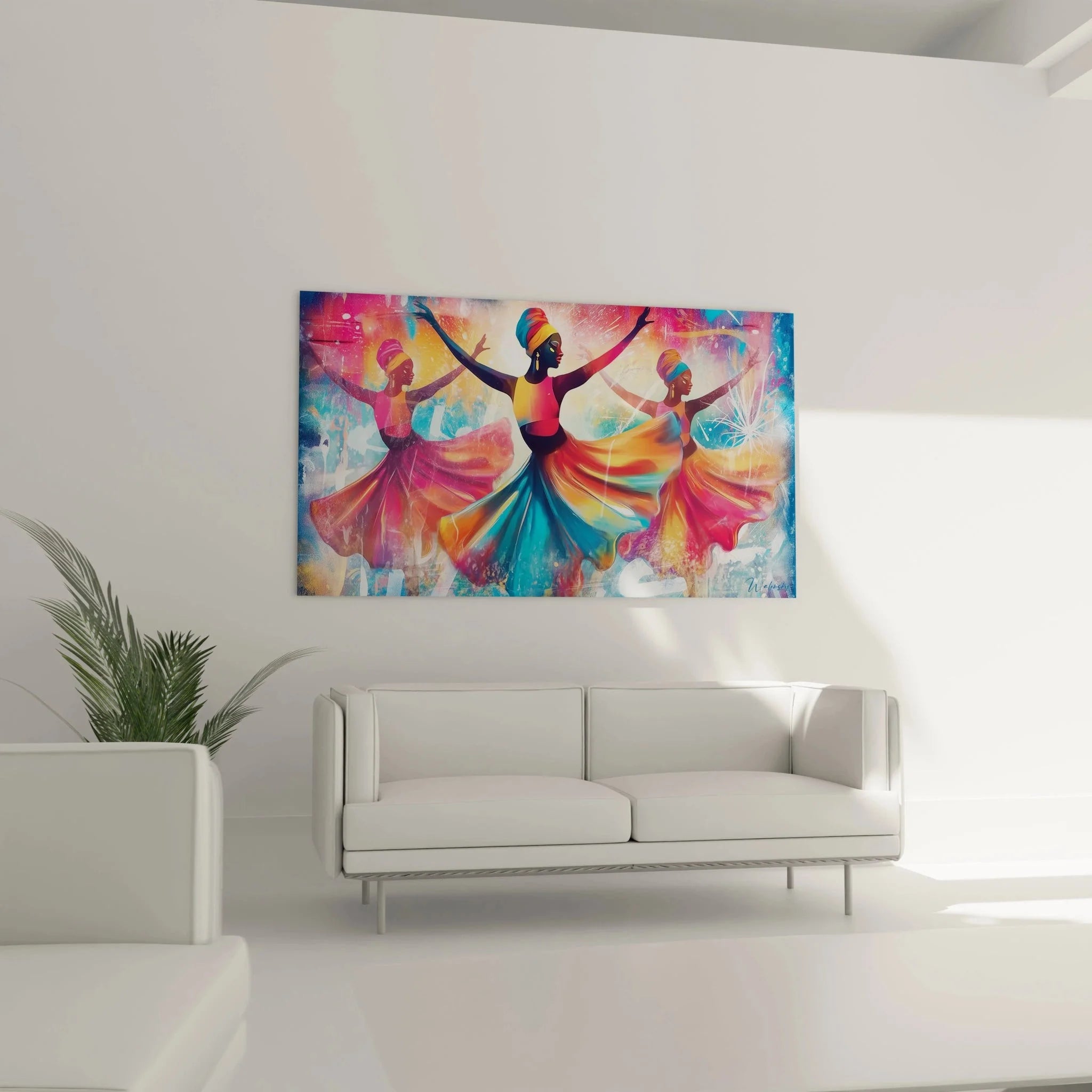 Detailansicht Wandbild tanzende Frau in traditionellem buntem Gewand afrikanischer Stil