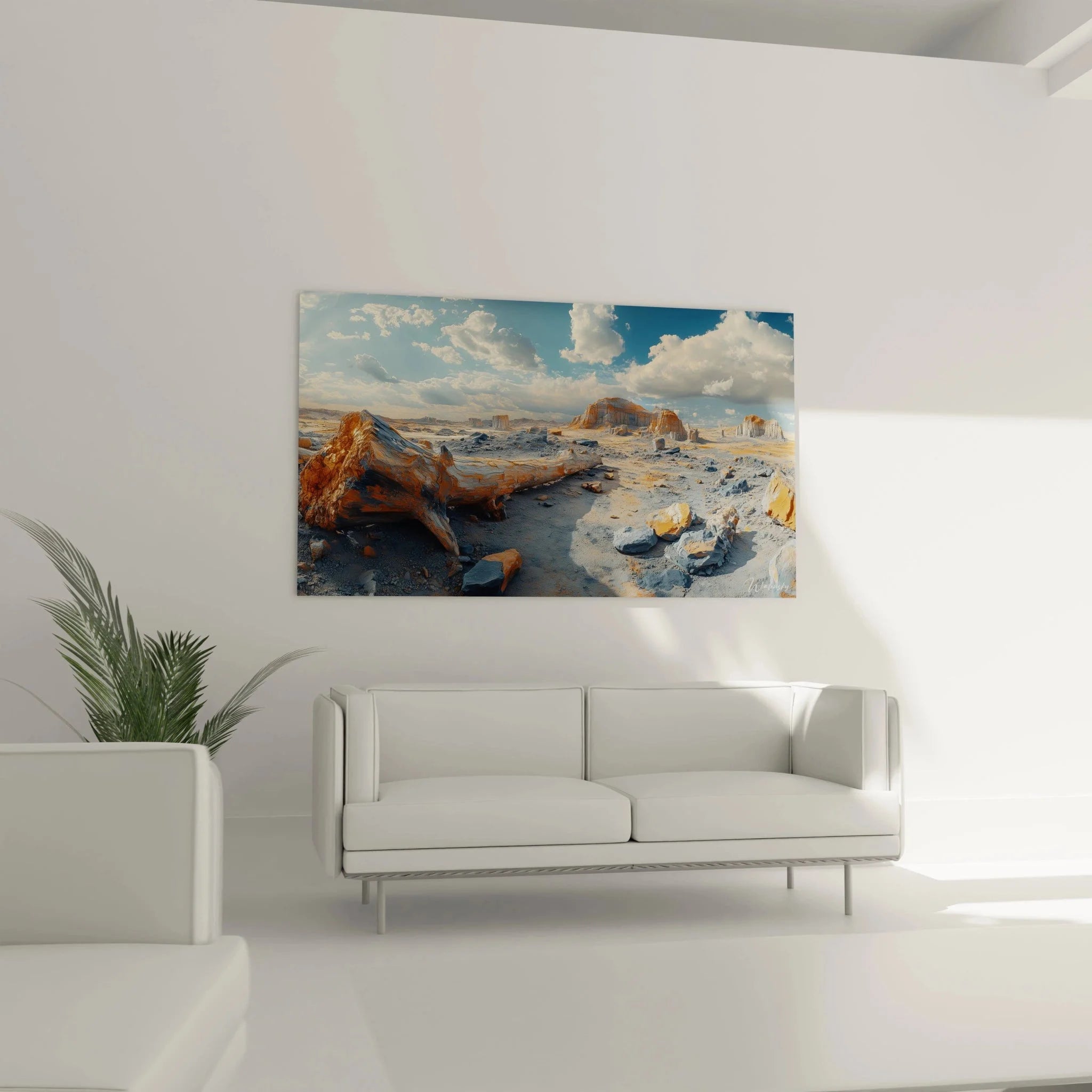 Detailaufnahme versteinerte Baumstruktur Wandbild mit warmen Braun- und Ockertönen der Wüste