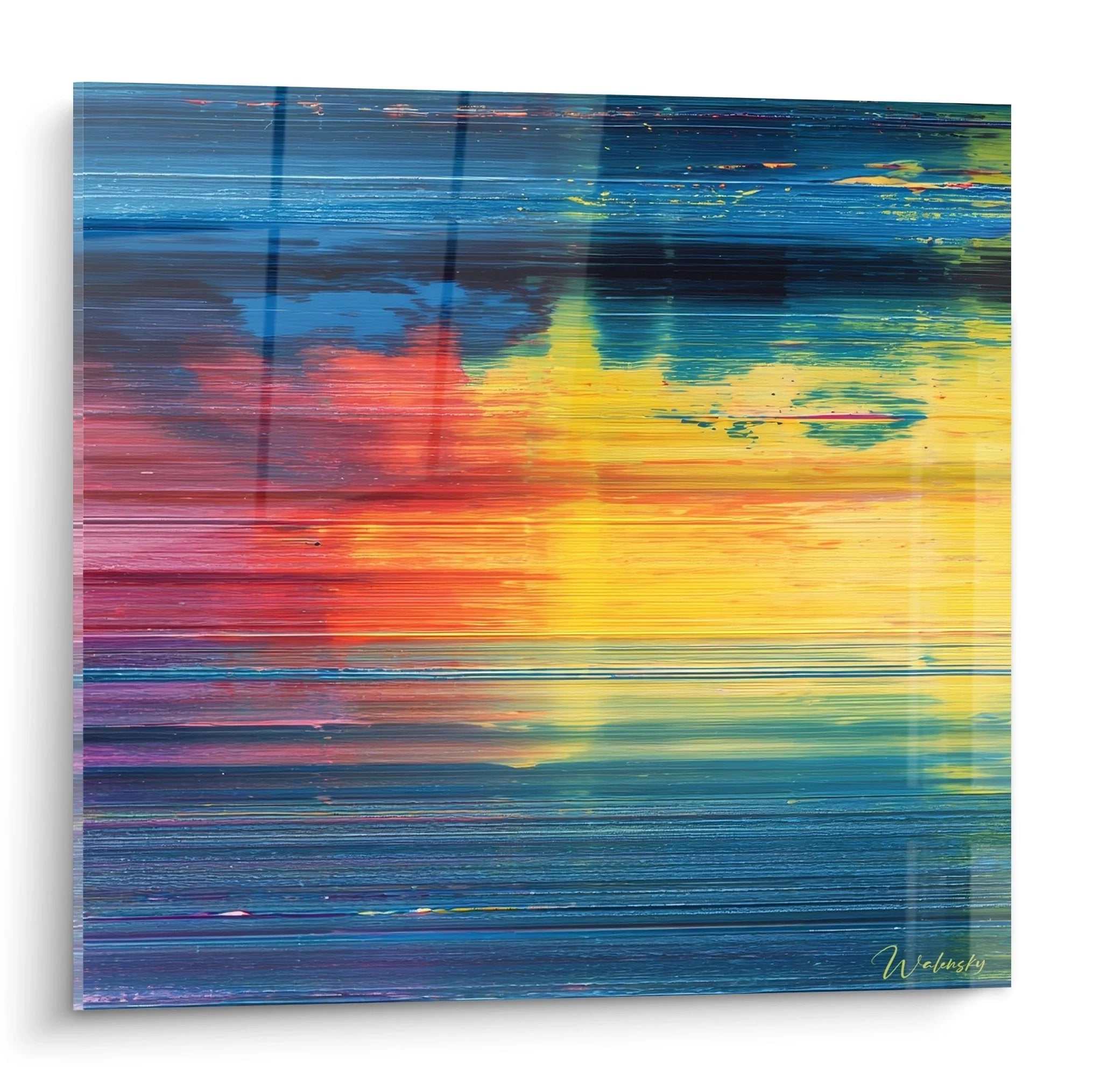 Wandbild digitale Abstraktion Spachteltechnik mit Pixelglitch Effekten in warmen und kalten Farbtönen