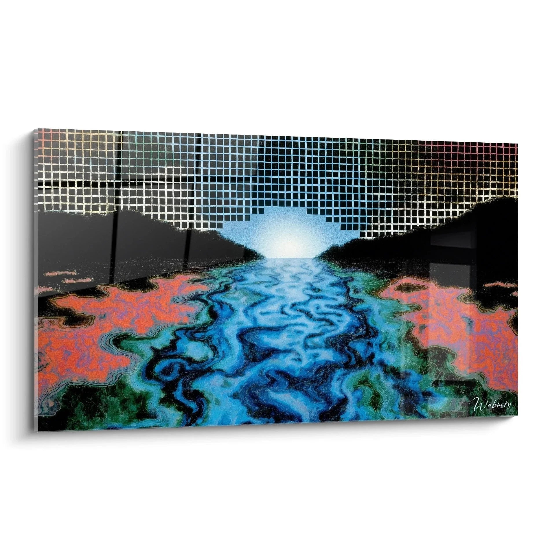 Wandbild digitale Landschaft mit Pixeleffekt und surrealer Flussdarstellung Op Art Edition