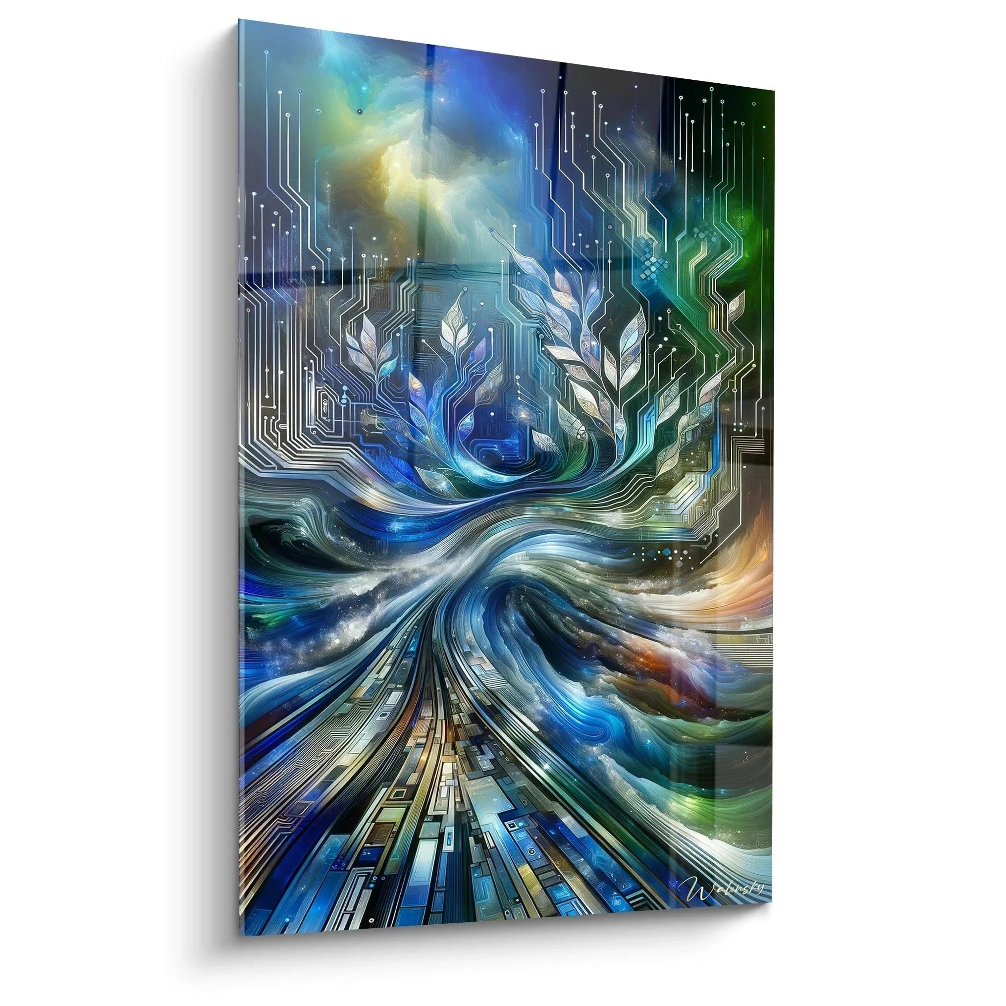 Wandbild digitale Natur mit technologischen Wirbeln und Schaltkreismustern in Blau und Grün