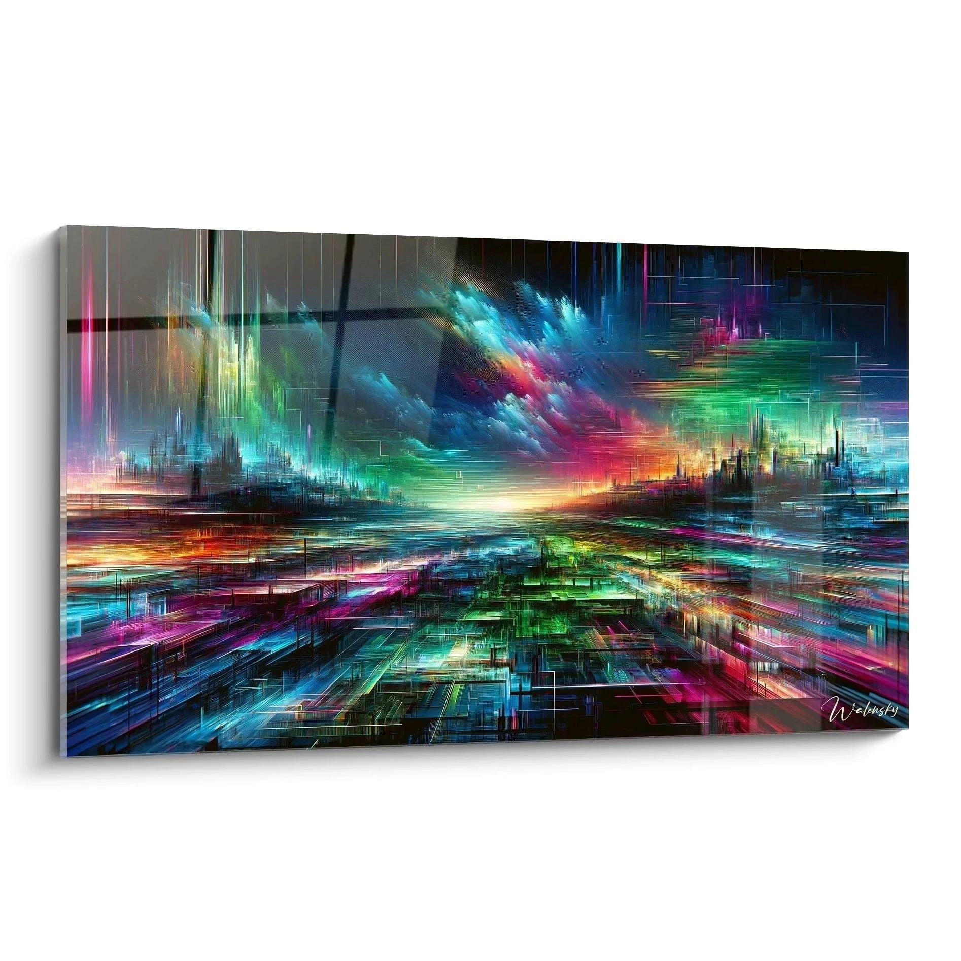 Wandbild digitale Traumlandschaft mit futuristischen Neonfarben und geometrischen Strukturen