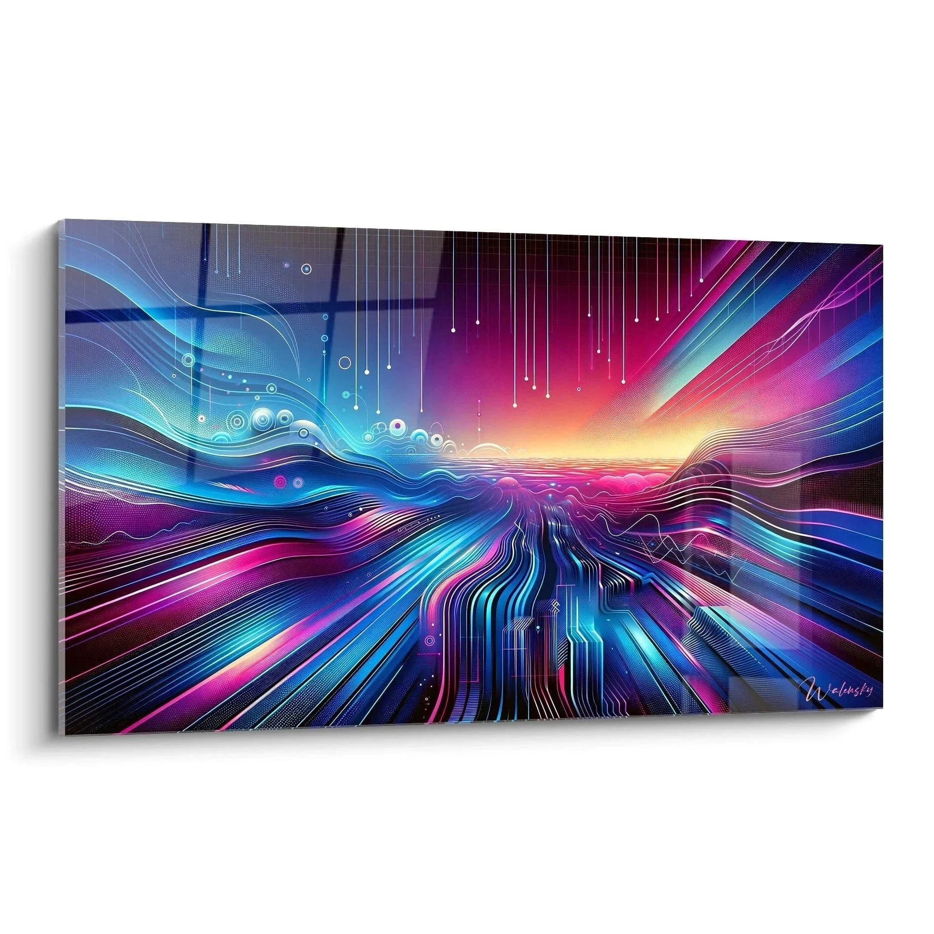 Wandbild digitaler Energiefluss mit leuchtenden Neonlinien in Blau und Magenta - futuristische abstrakte Kunst