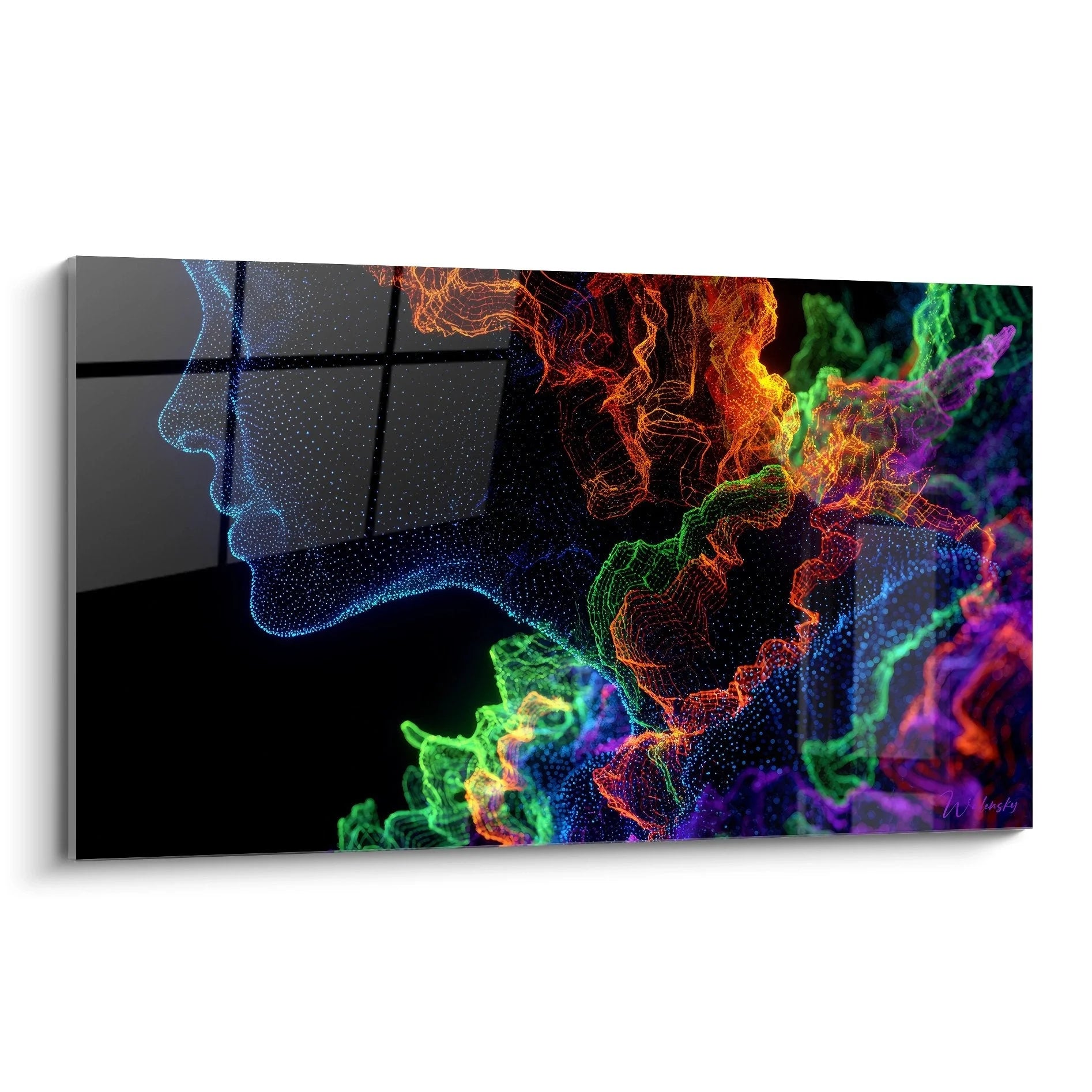 Futuristisches Wandbild mit digitalem Kopfprofil und leuchtenden Partikeln in Blau Orange Grün