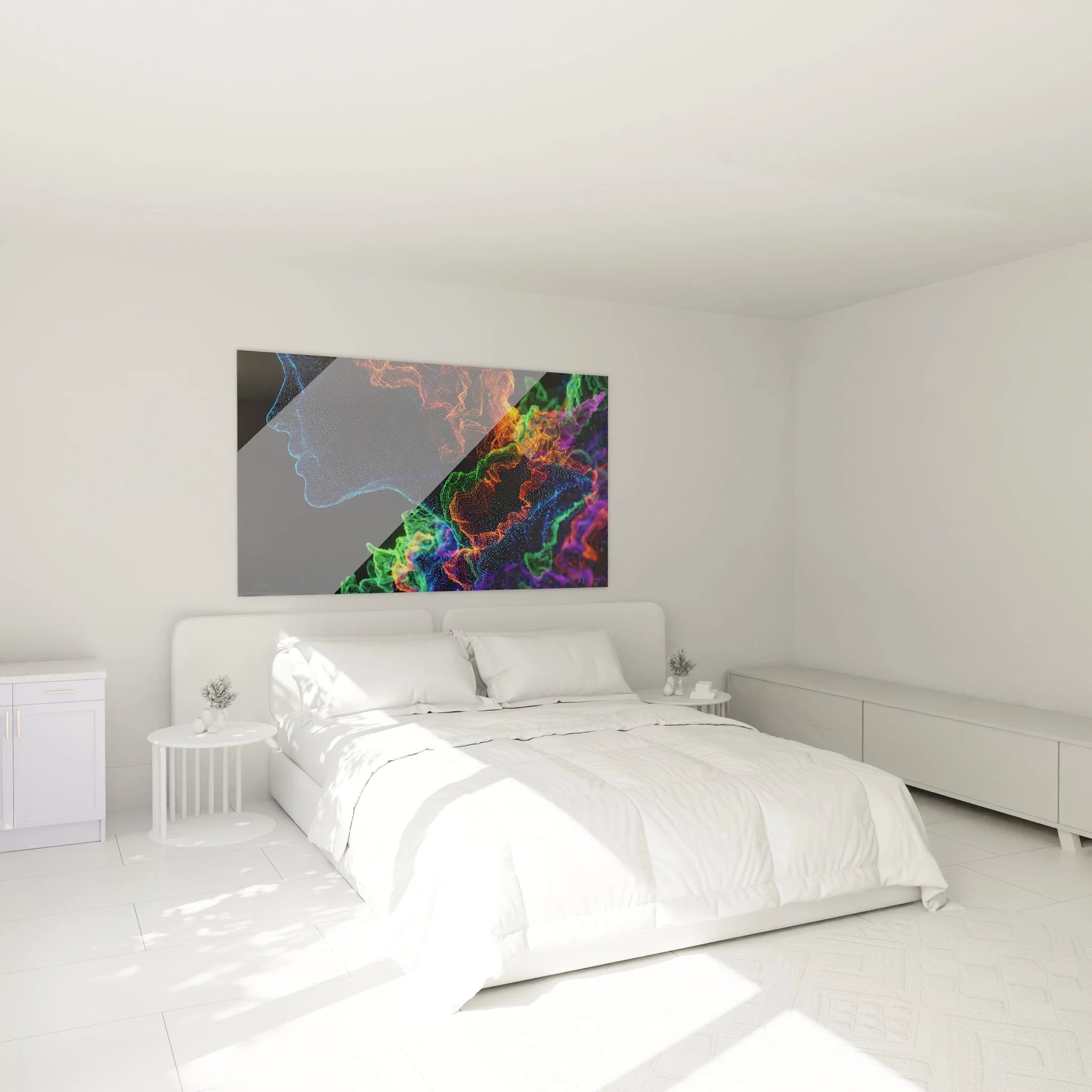 Wandbild Digitaler Kopf in modernem Schlafzimmer als stilvolle Wanddekoration